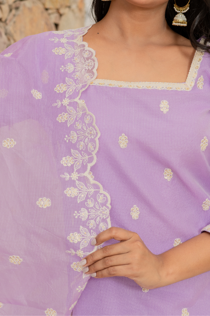 Lavender Kota Doria Embroidered Festive Pant Set - The Jaipur Studio