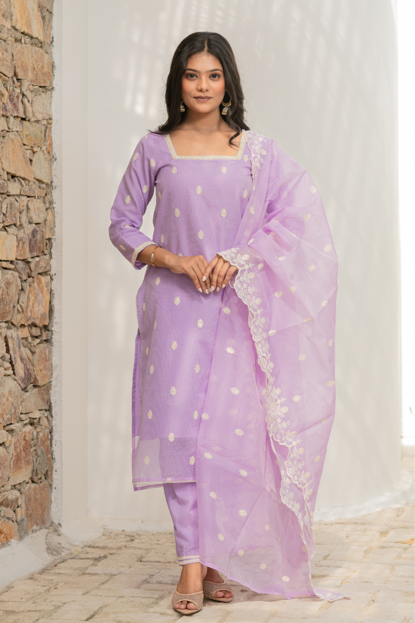 Lavender Kota Doria Embroidered Festive Pant Set - The Jaipur Studio