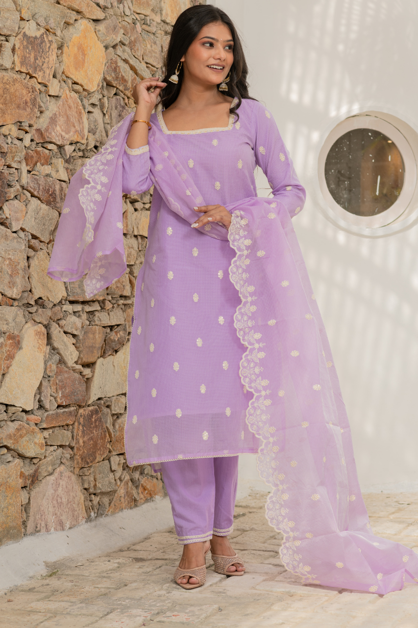 Lavender Kota Doria Embroidered Festive Pant Set - The Jaipur Studio