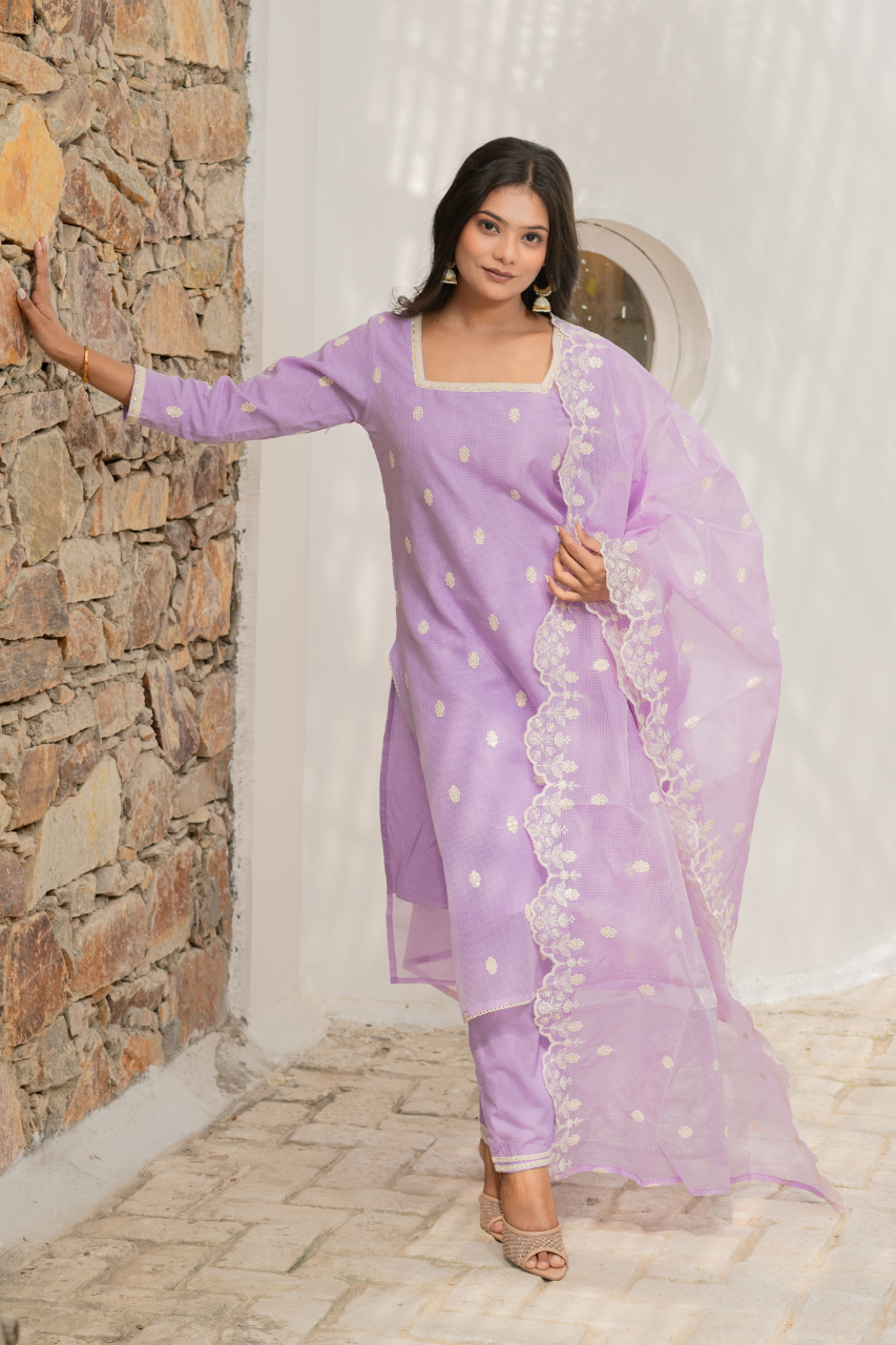 Lavender Kota Doria Embroidered Festive Pant Set - The Jaipur Studio