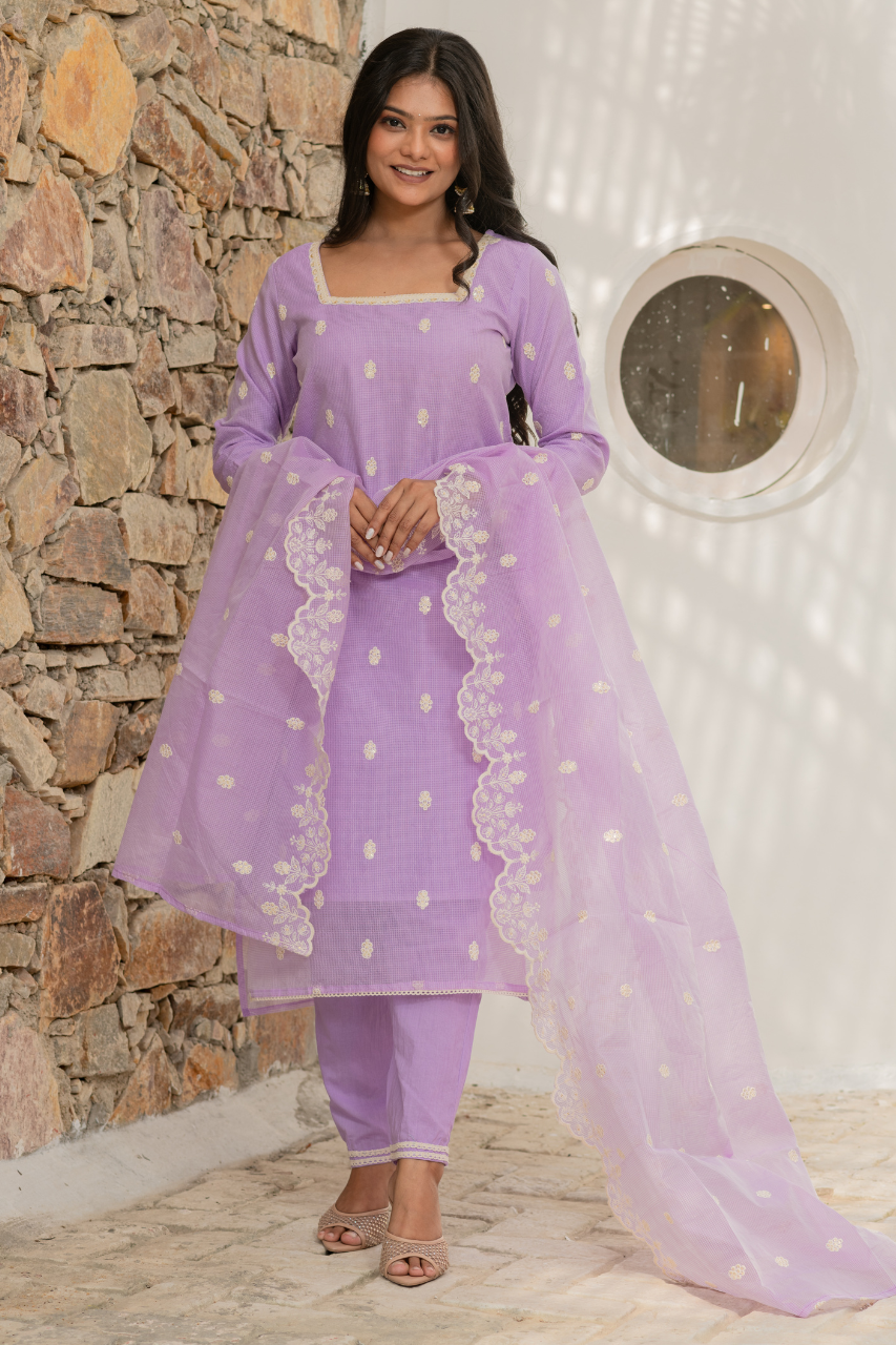Lavender Kota Doria Embroidered Festive Pant Set - The Jaipur Studio