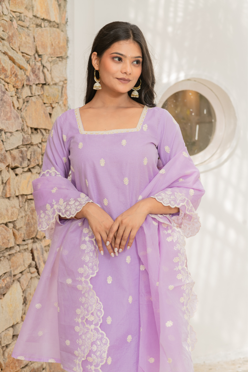 Lavender Kota Doria Embroidered Festive Pant Set - The Jaipur Studio