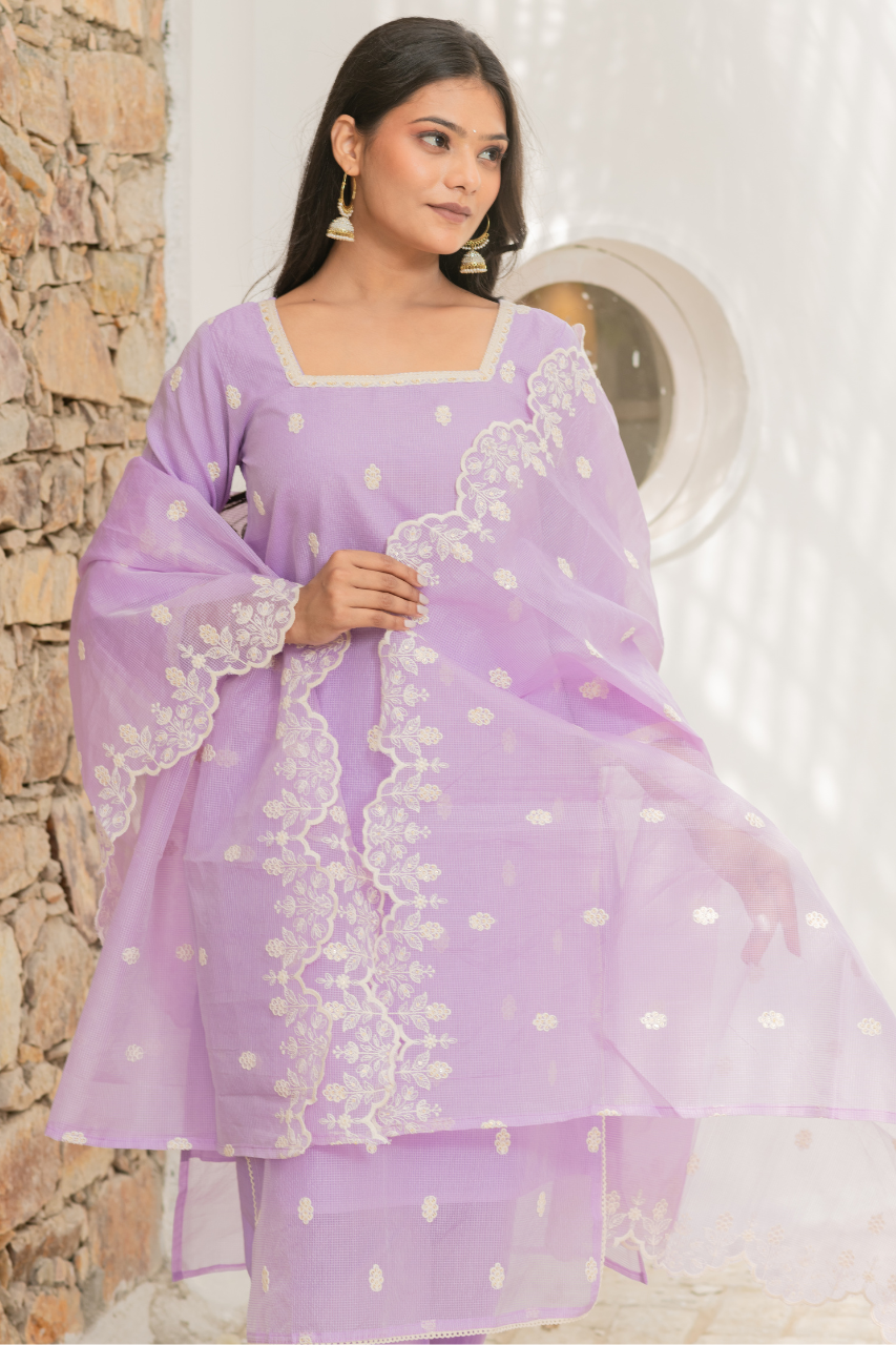 Lavender Kota Doria Embroidered Festive Pant Set - The Jaipur Studio