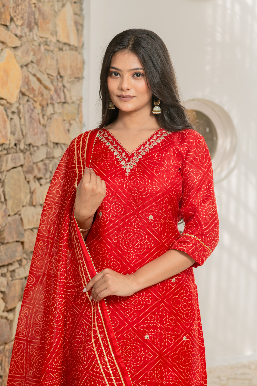 ‘Bandhani’ Kota Doria Embroidered Pant Set - The Jaipur Studio