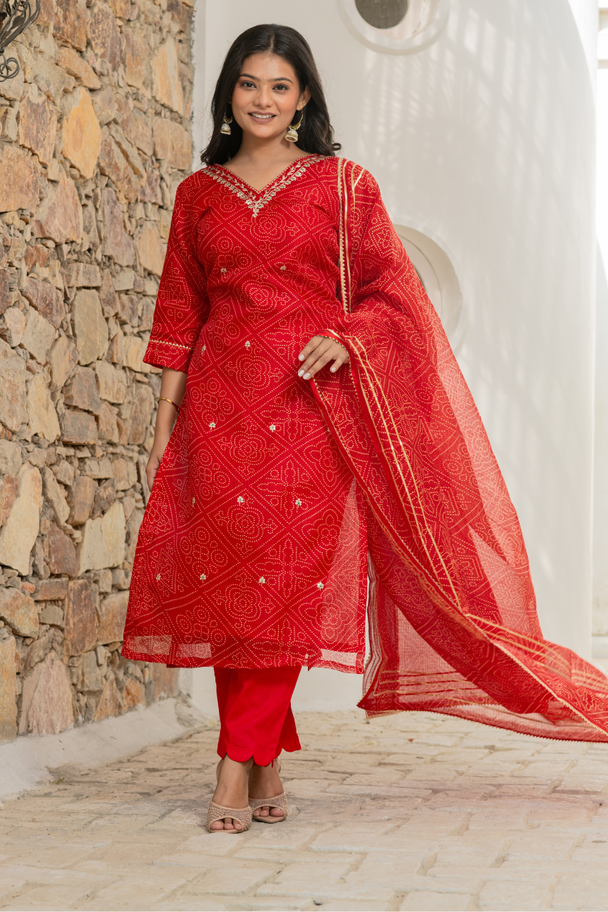 ‘Bandhani’ Kota Doria Embroidered Pant Set - The Jaipur Studio
