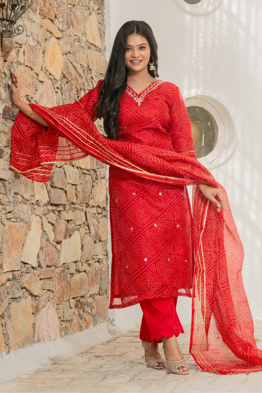 ‘Bandhani’ Kota Doria Embroidered Pant Set - The Jaipur Studio