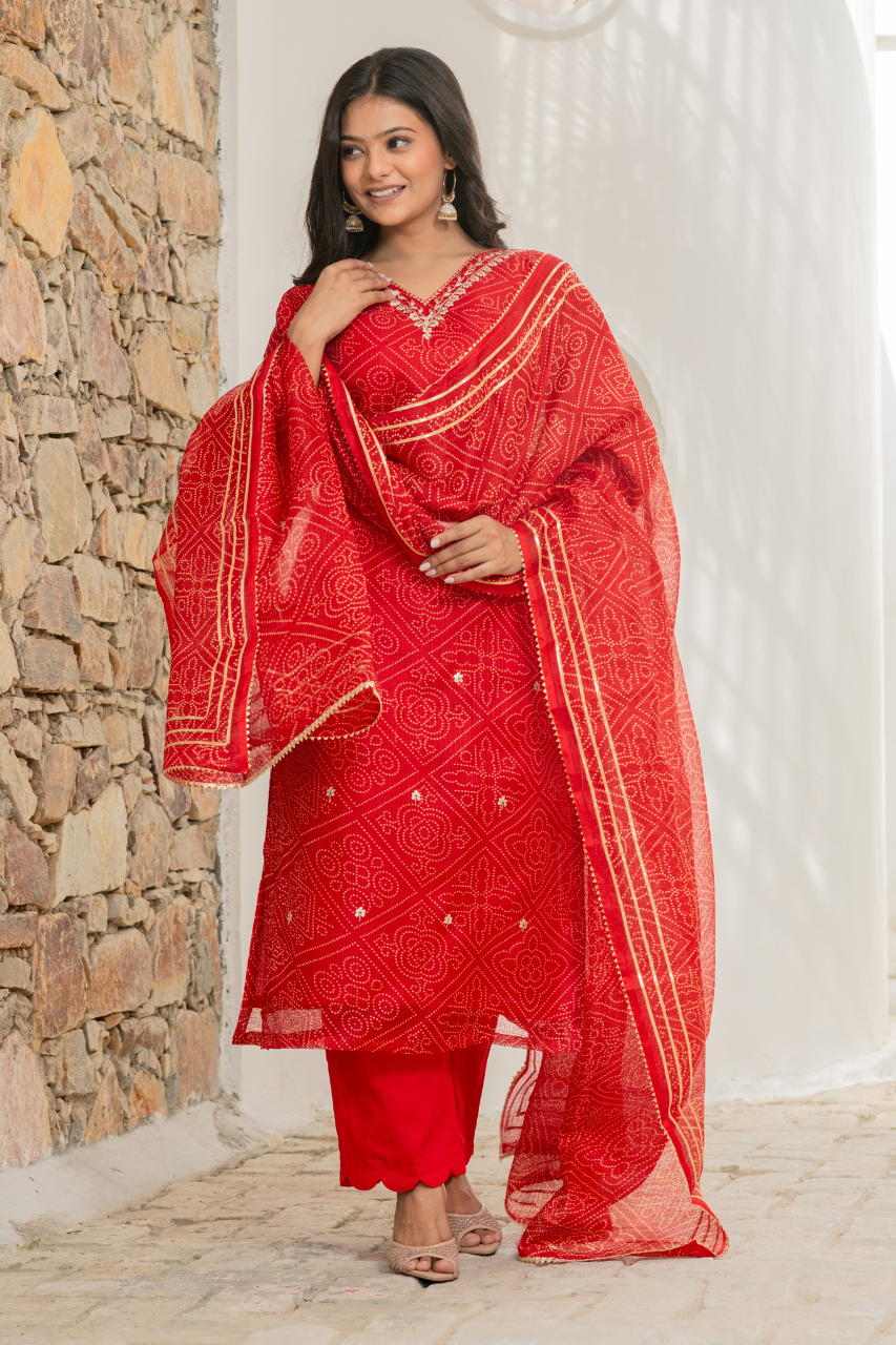 ‘Bandhani’ Kota Doria Embroidered Pant Set - The Jaipur Studio
