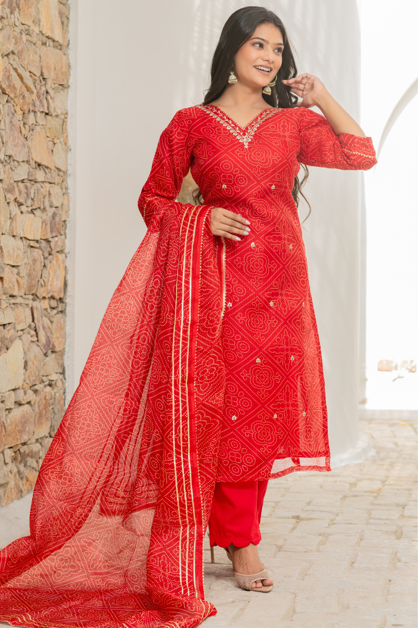 ‘Bandhani’ Kota Doria Embroidered Pant Set - The Jaipur Studio