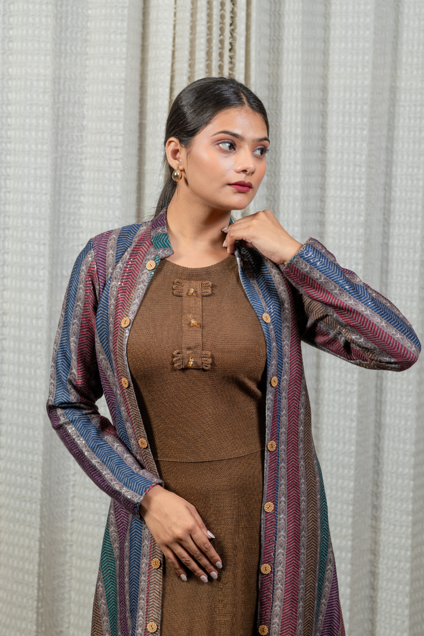 Woollen long Dress with Detachable Long Shrug - The Jaipur Studio