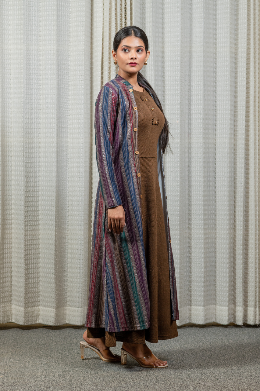 Woollen long Dress with Detachable Long Shrug - The Jaipur Studio