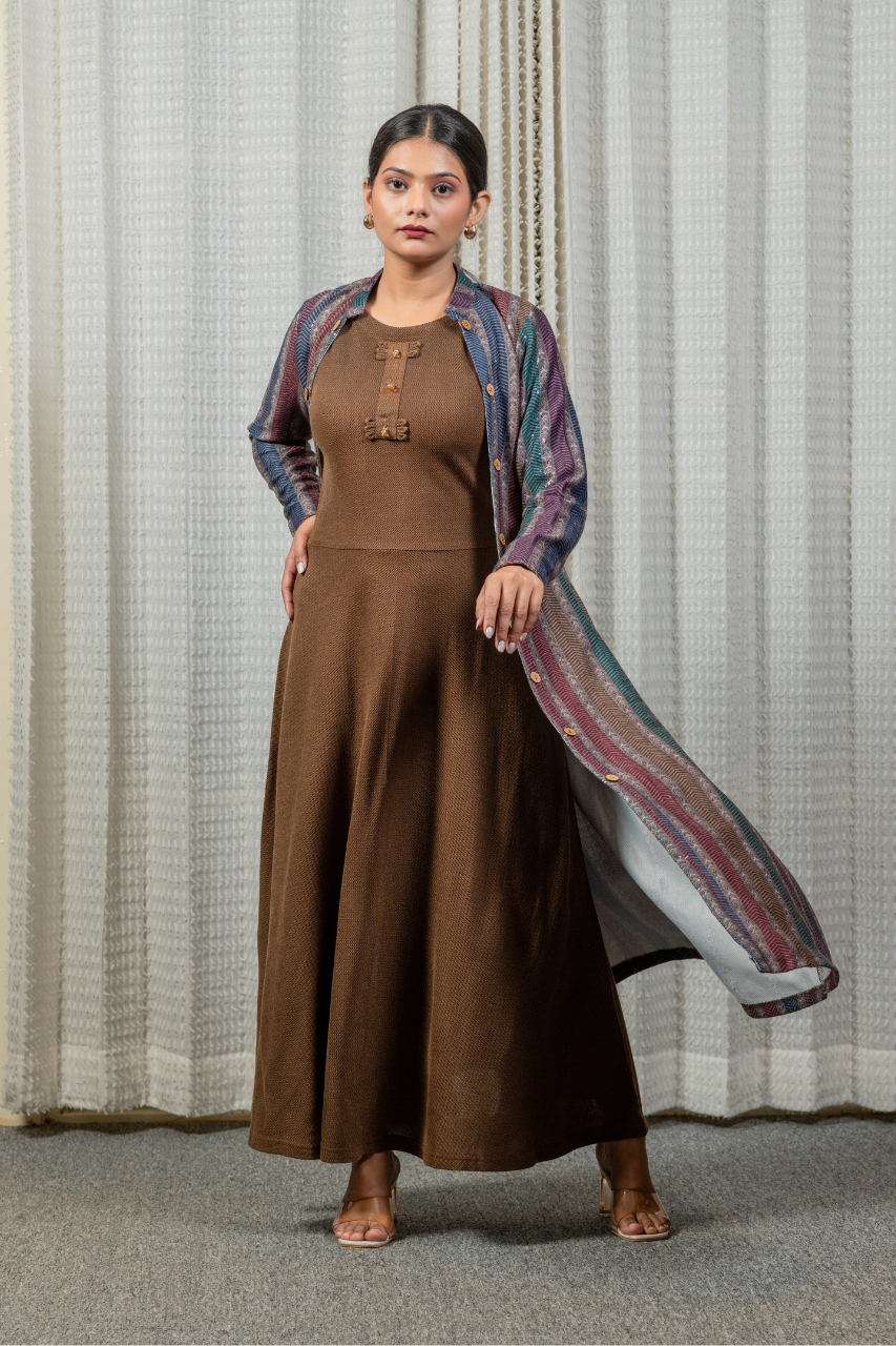 Woollen long Dress with Detachable Long Shrug - The Jaipur Studio