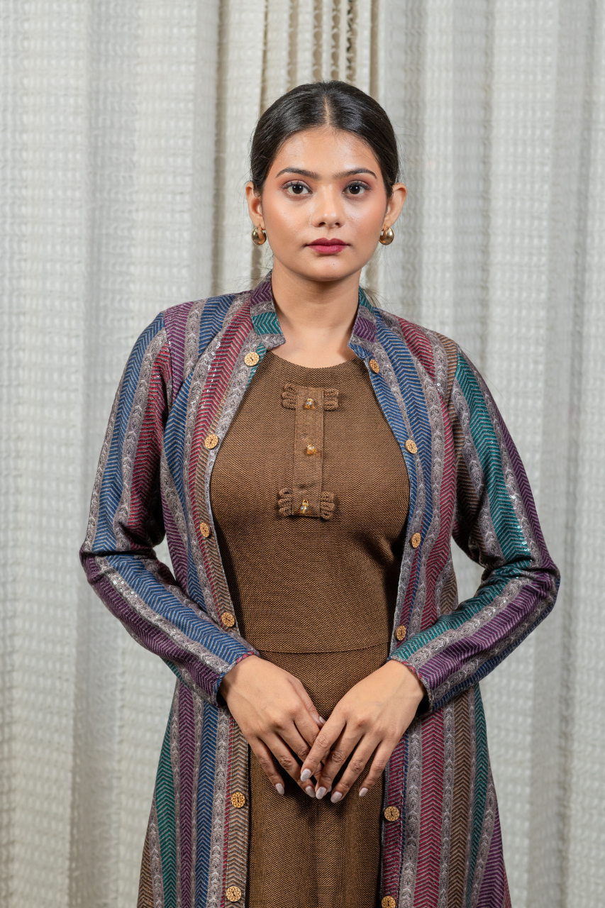 Woollen long Dress with Detachable Long Shrug - The Jaipur Studio