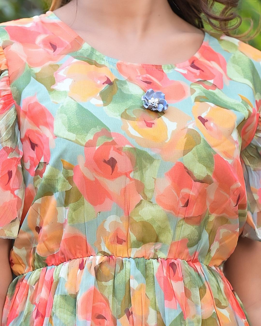 Seher Green Chiffon Floral Dress - The Jaipur Studio