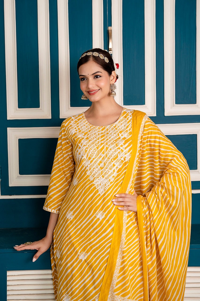 Premium Cotton Leheriya Embroidered Pant Set - The Jaipur Studio