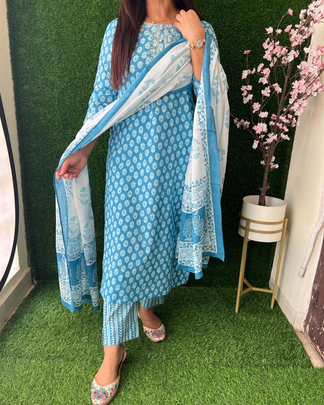 Cotton Pant Set With Kota Doris Dupatta - The Jaipur Studio