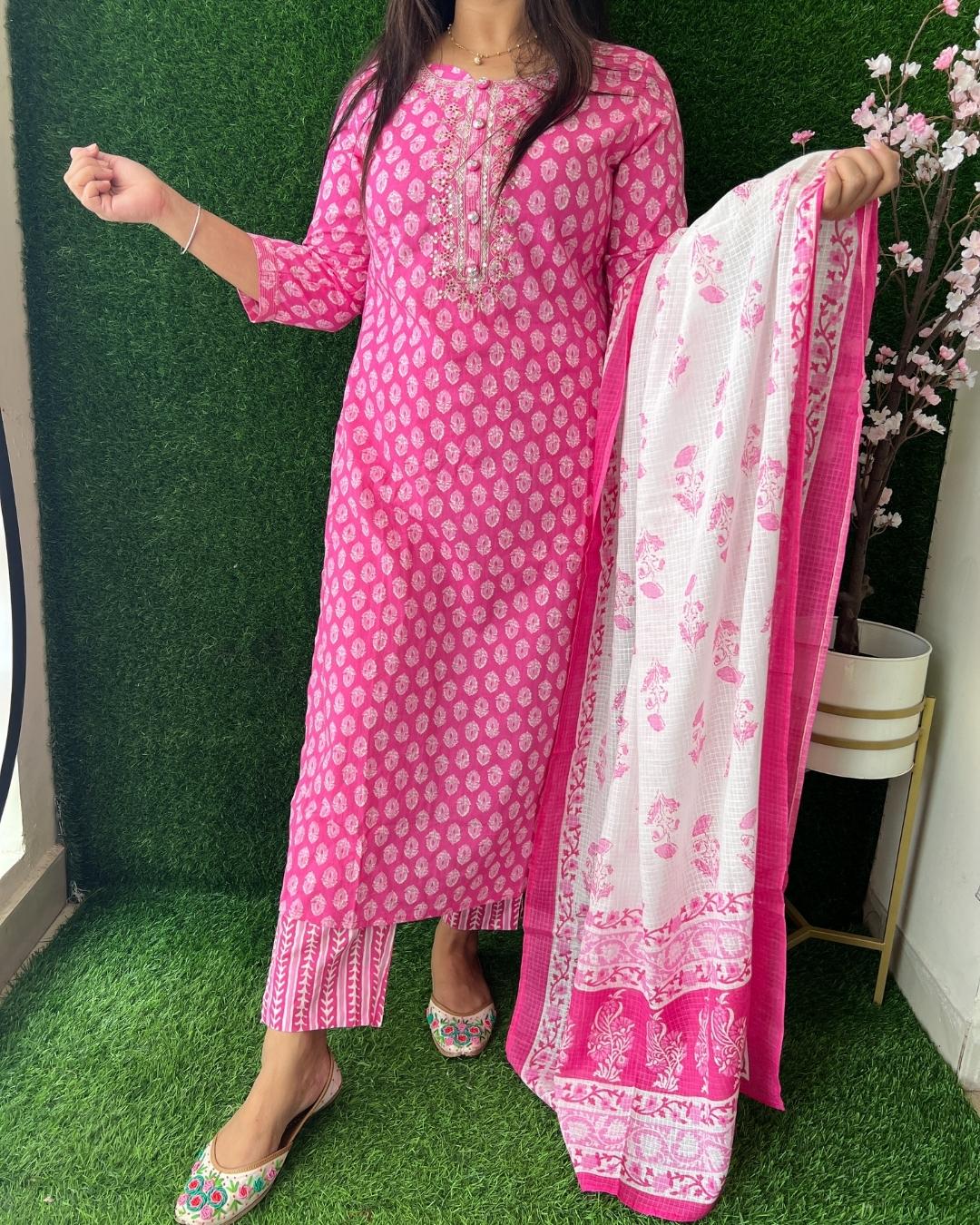Cotton Pant Set With Kota Doris Dupatta - The Jaipur Studio