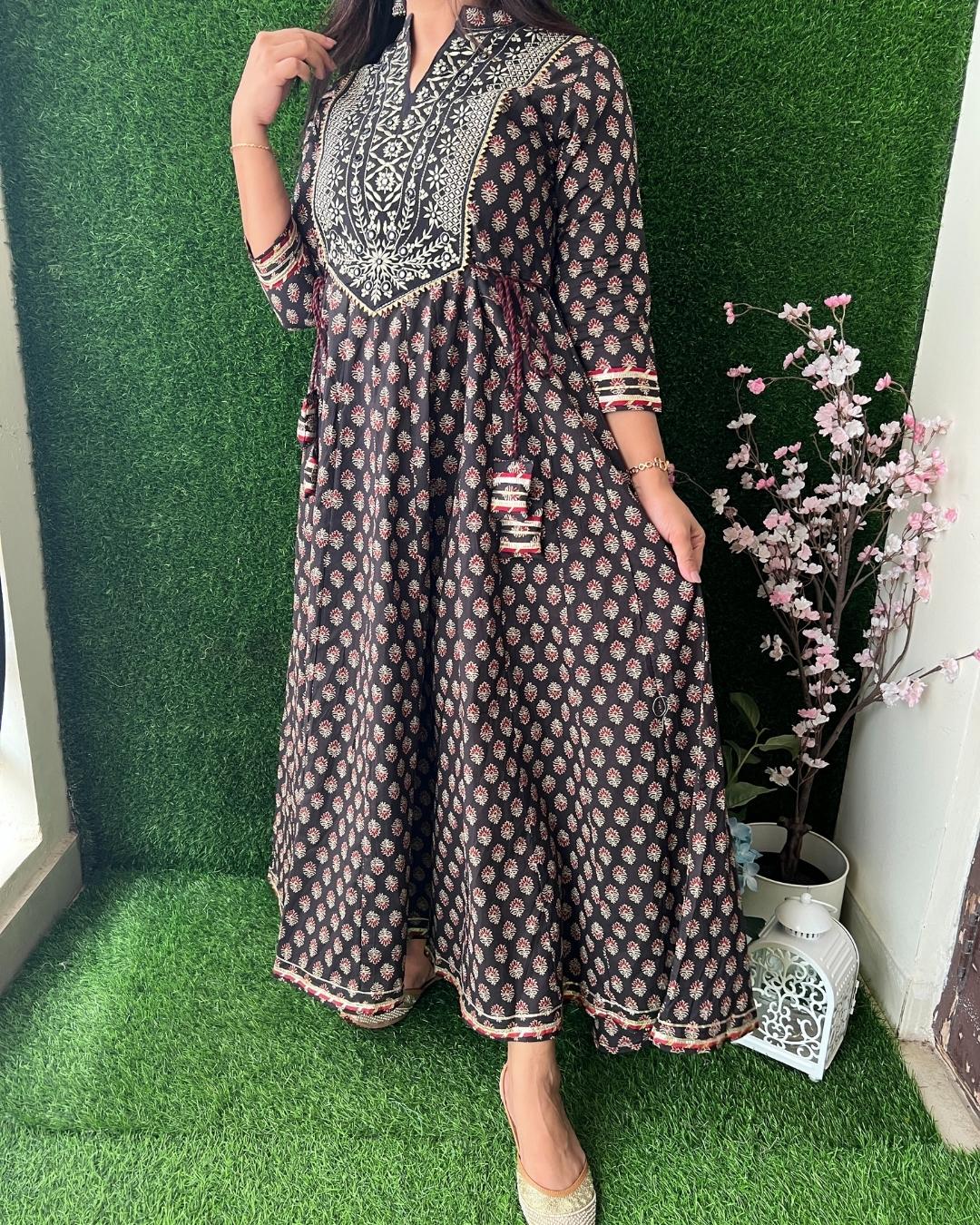 Traditional Ajrakh Cotton Long Dress Blue - The Jaipur Studio