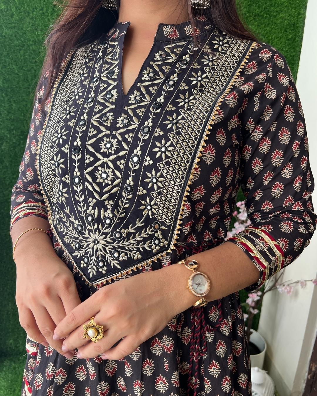 Tradional Ajrakh Cotton Long Dress Black - The Jaipur Studio