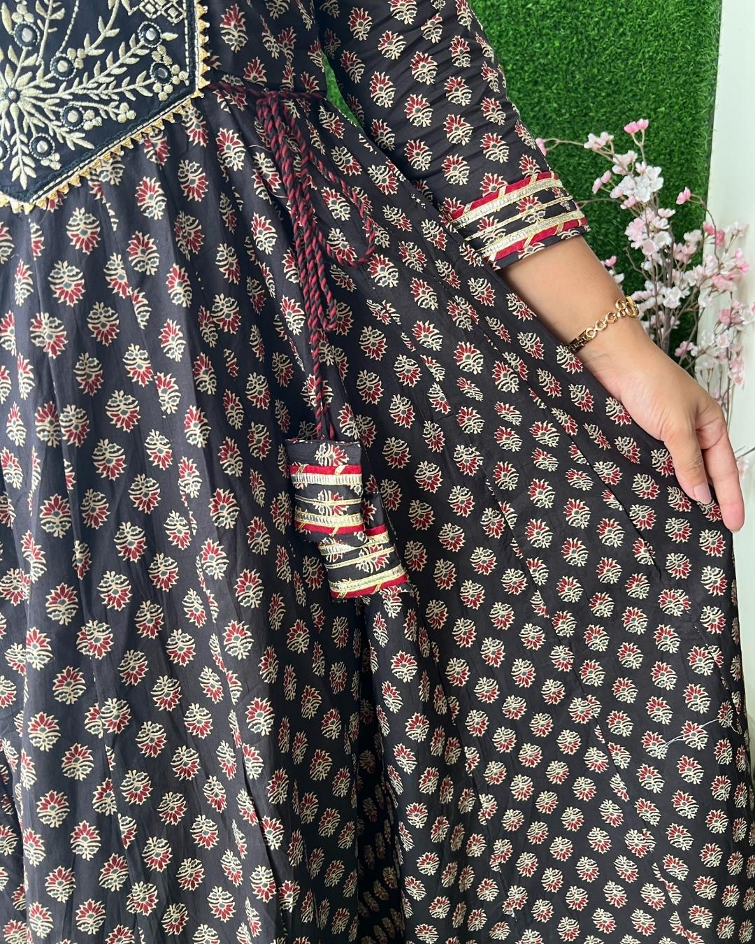 Tradional Ajrakh Cotton Long Dress Black - The Jaipur Studio