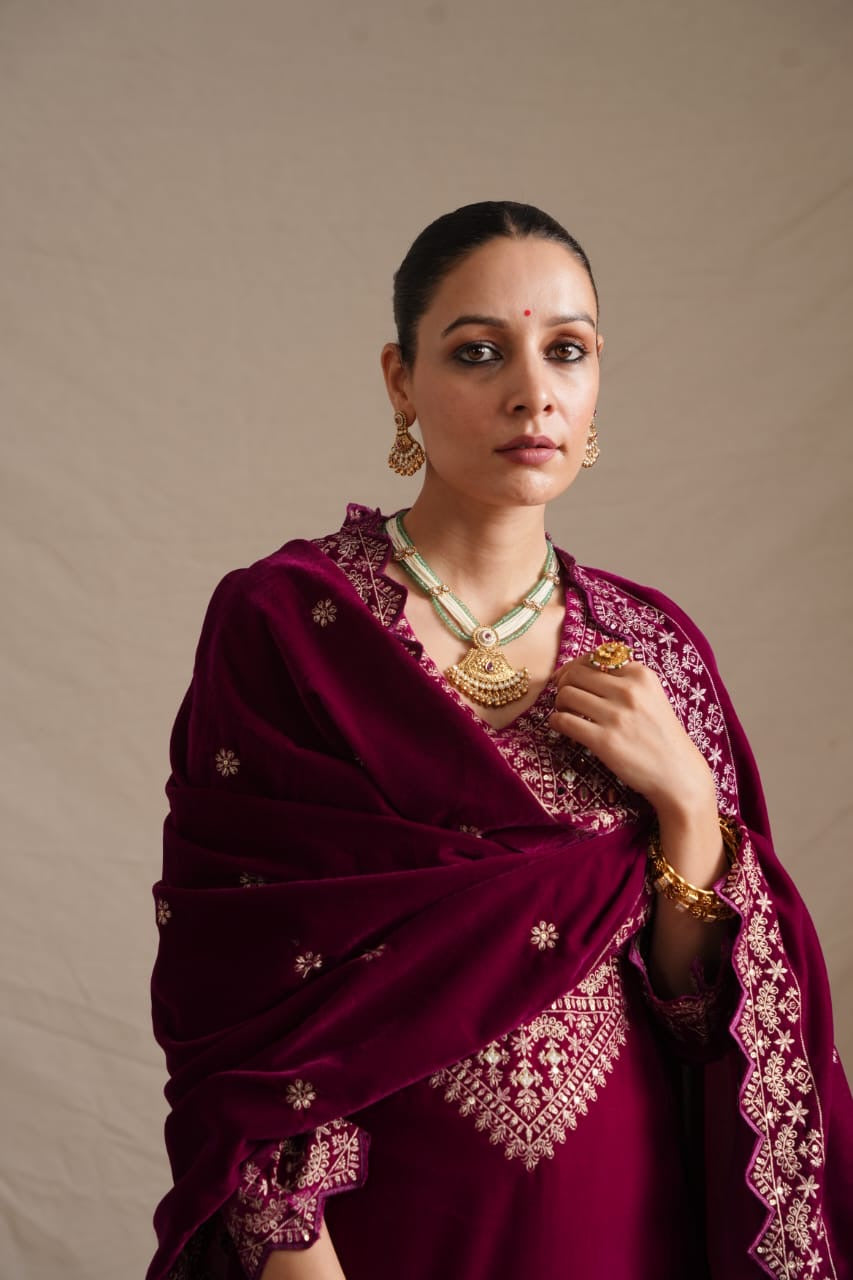 ’Makhmul’ Velvet Embroidered Pant Set - The Jaipur Studio