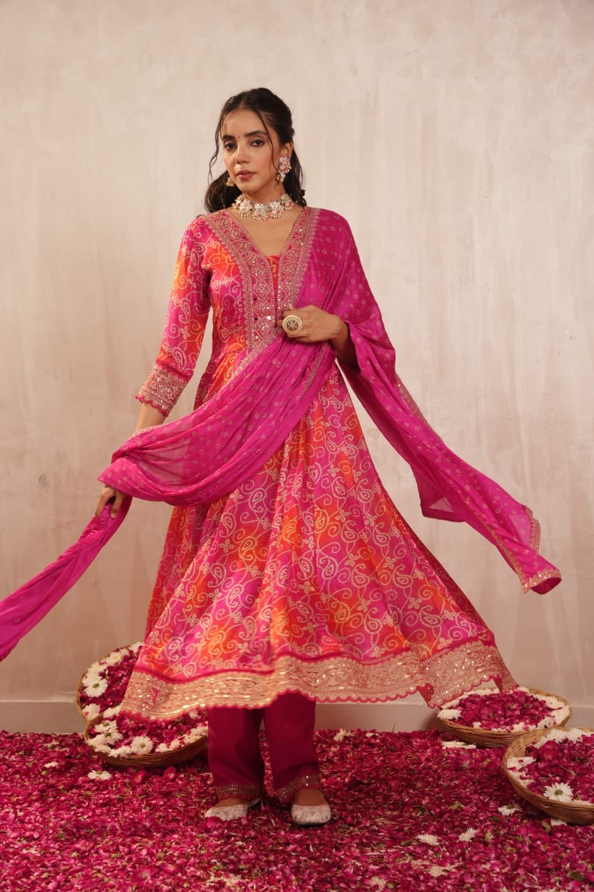 Chinnon Bandhani Heavy Embroidered Anarkali Set - The Jaipur Studio