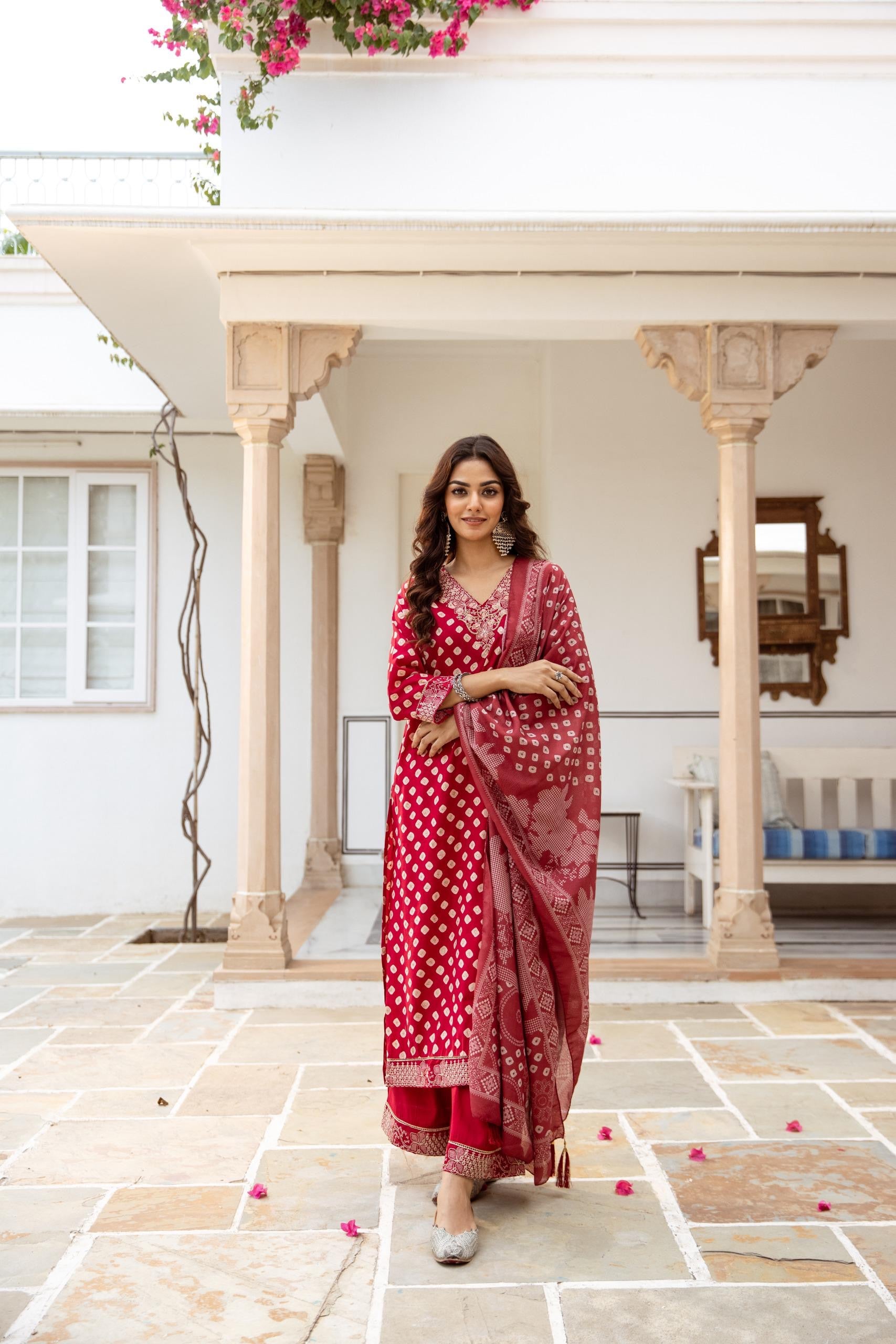 Miraya Muslin Bandhani embroidered Pant Set - The Jaipur Studio