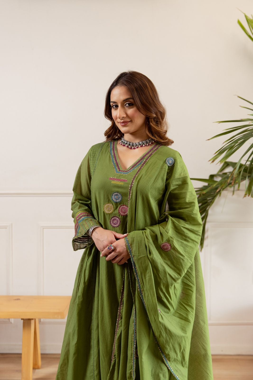 Zola Green Net Chanderi Embroidered Anarkali Set - The Jaipur Studio