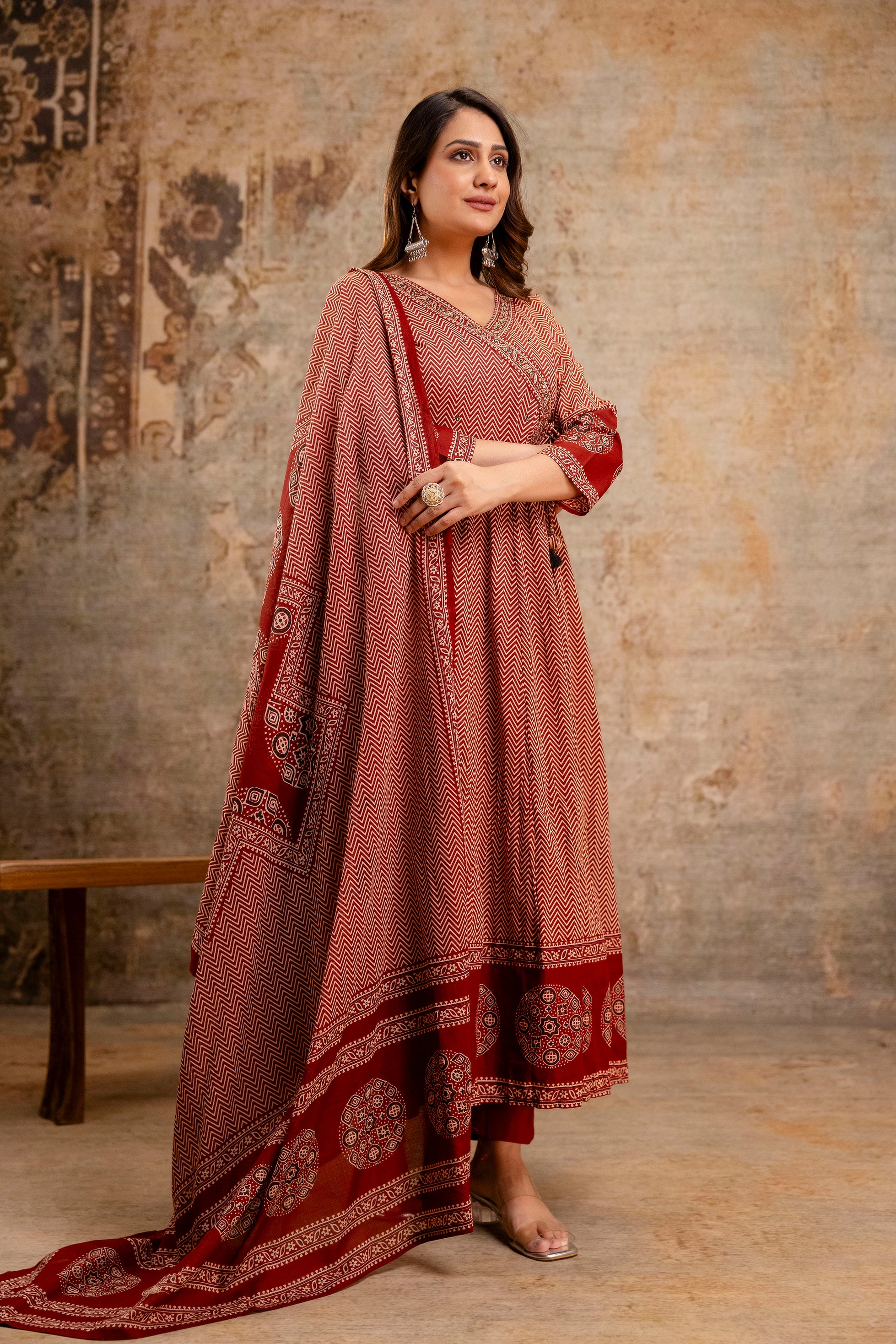 Summerish Cotton Ajrakh HandEmbroidered Anarkali Set - The Jaipur Studio
