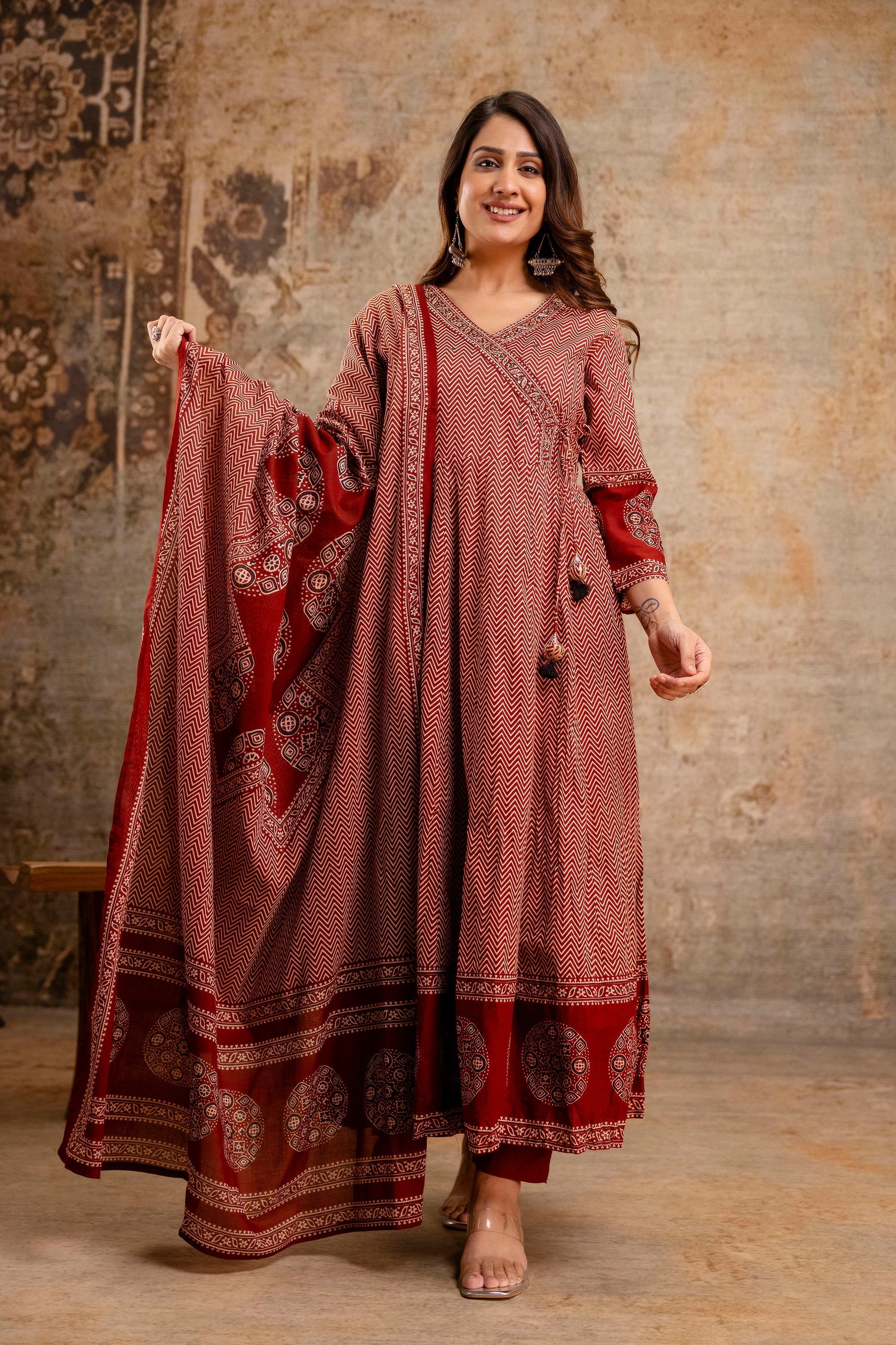 Summerish Cotton Ajrakh HandEmbroidered Anarkali Set - The Jaipur Studio