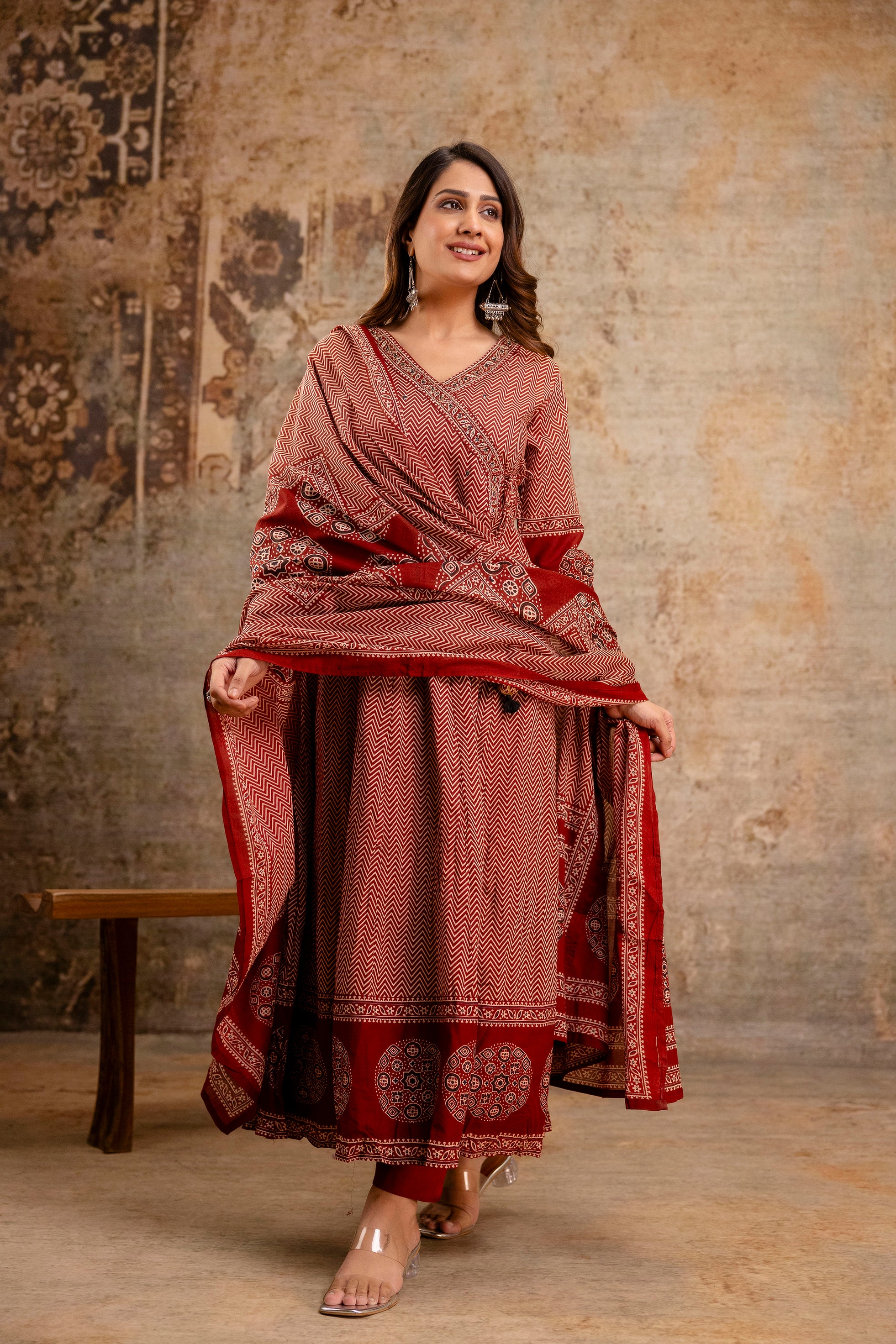 Summerish Cotton Ajrakh HandEmbroidered Anarkali Set - The Jaipur Studio