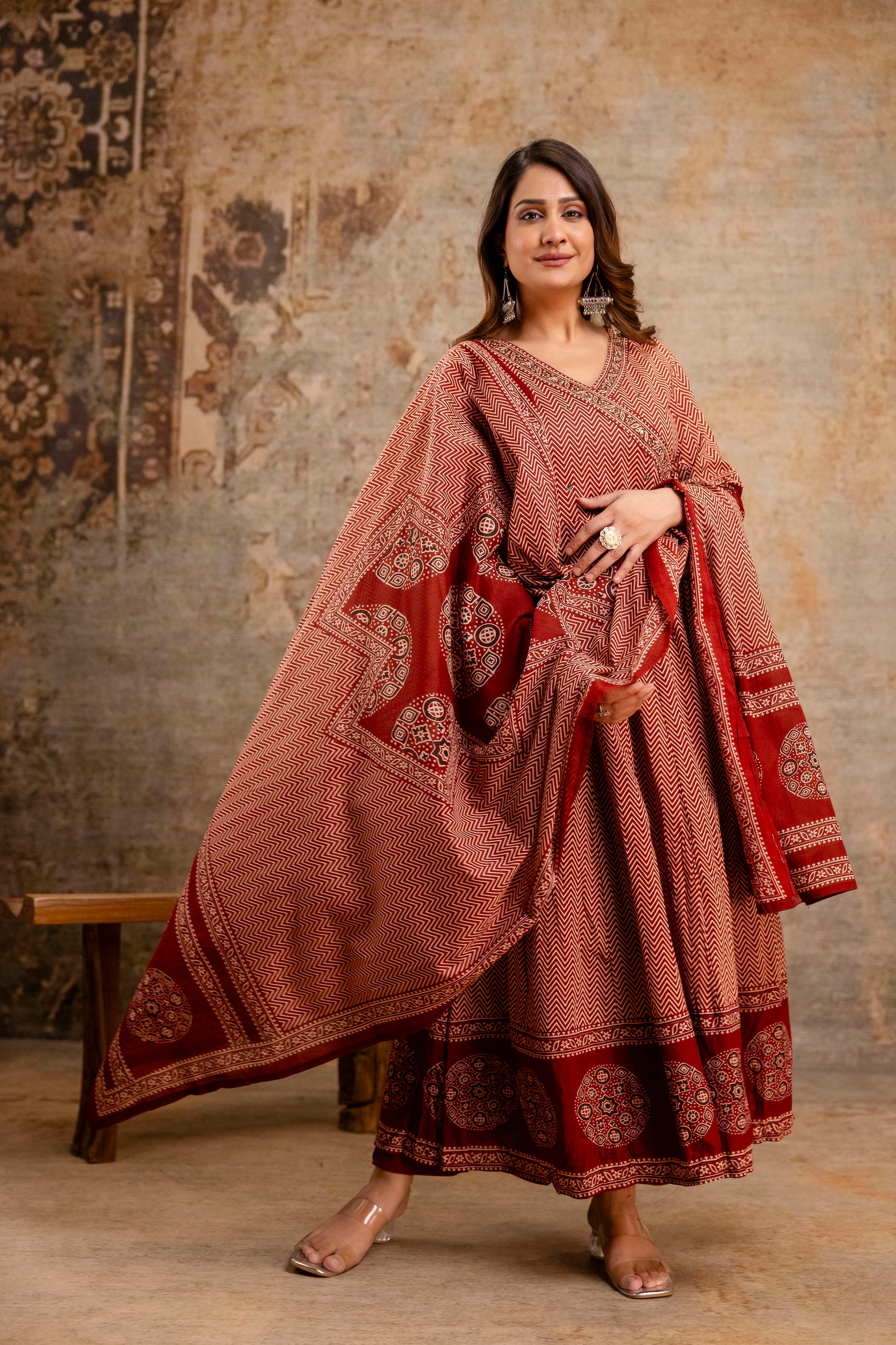 Summerish Cotton Ajrakh HandEmbroidered Anarkali Set - The Jaipur Studio