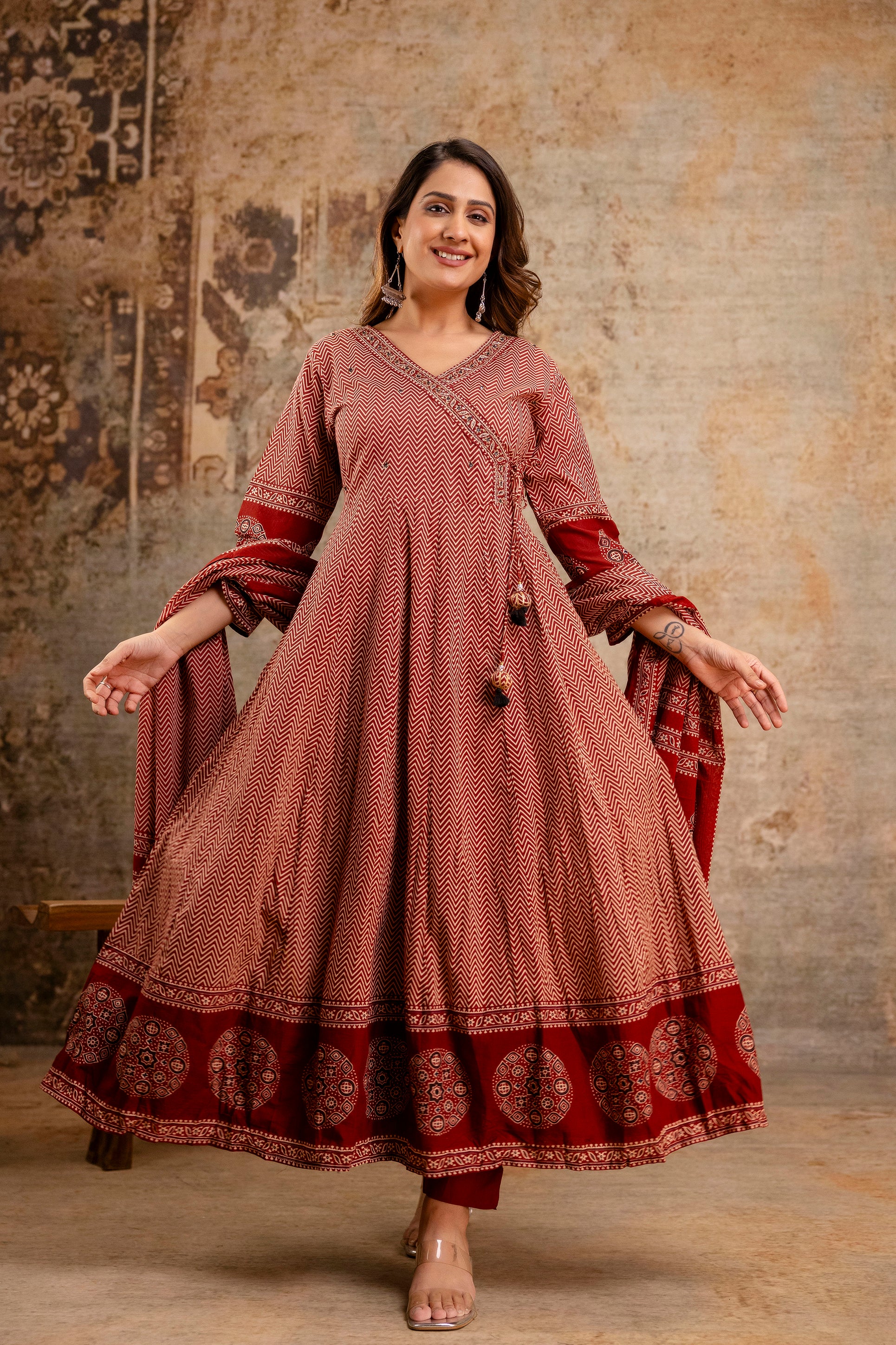 Summerish Cotton Ajrakh HandEmbroidered Anarkali Set - The Jaipur Studio