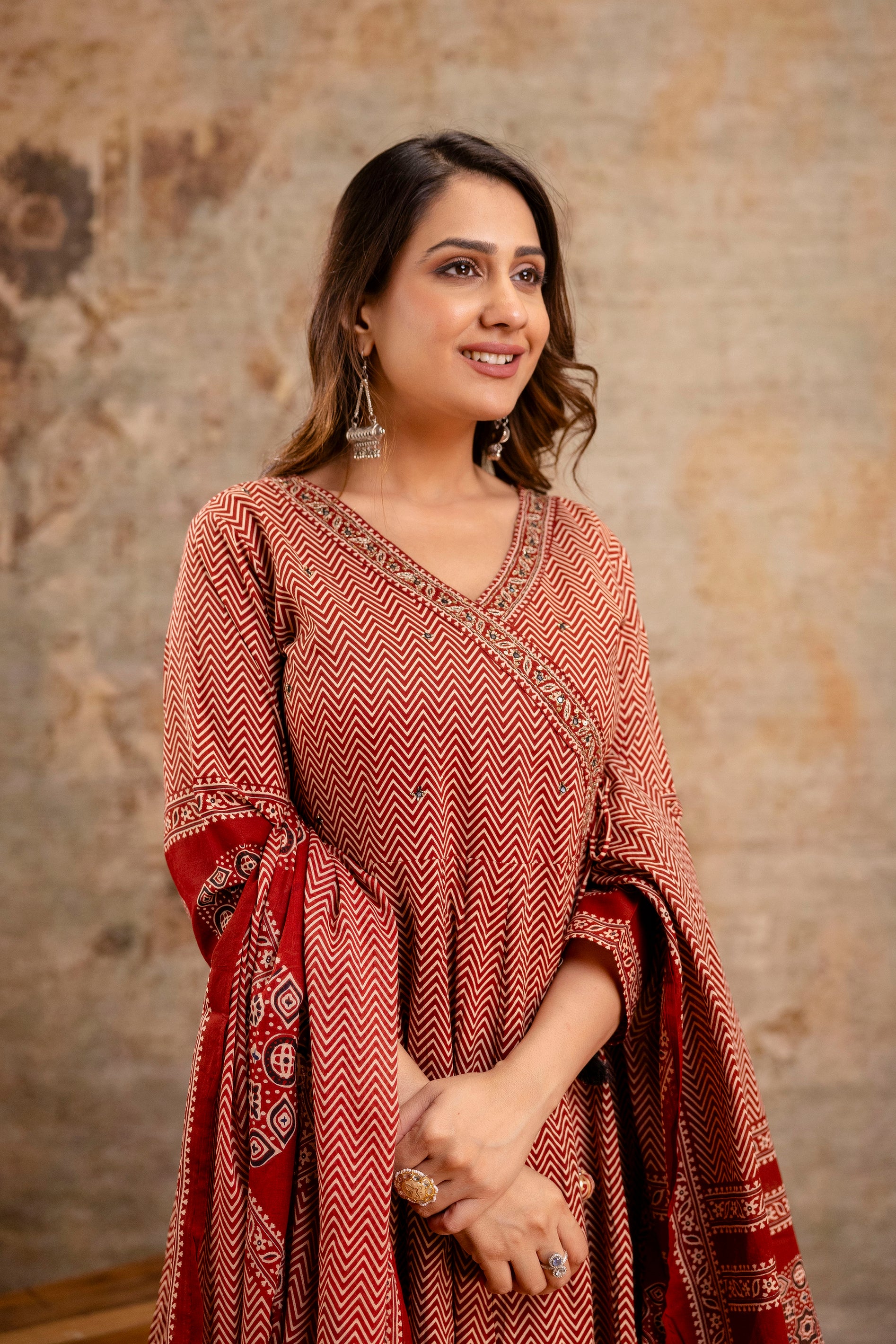 Summerish Cotton Ajrakh HandEmbroidered Anarkali Set - The Jaipur Studio