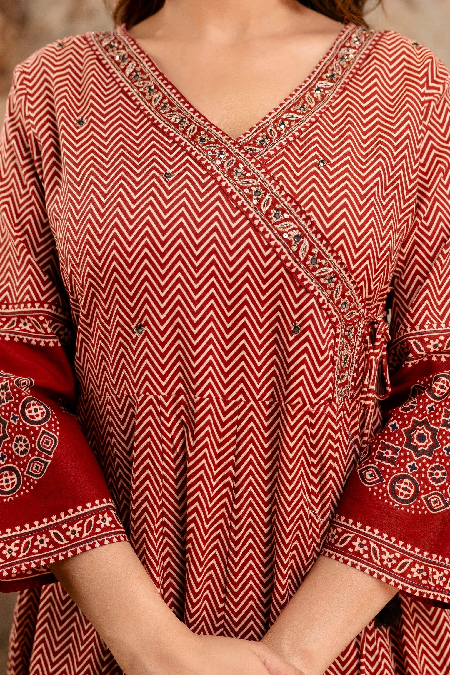 Summerish Cotton Ajrakh HandEmbroidered Anarkali Set - The Jaipur Studio