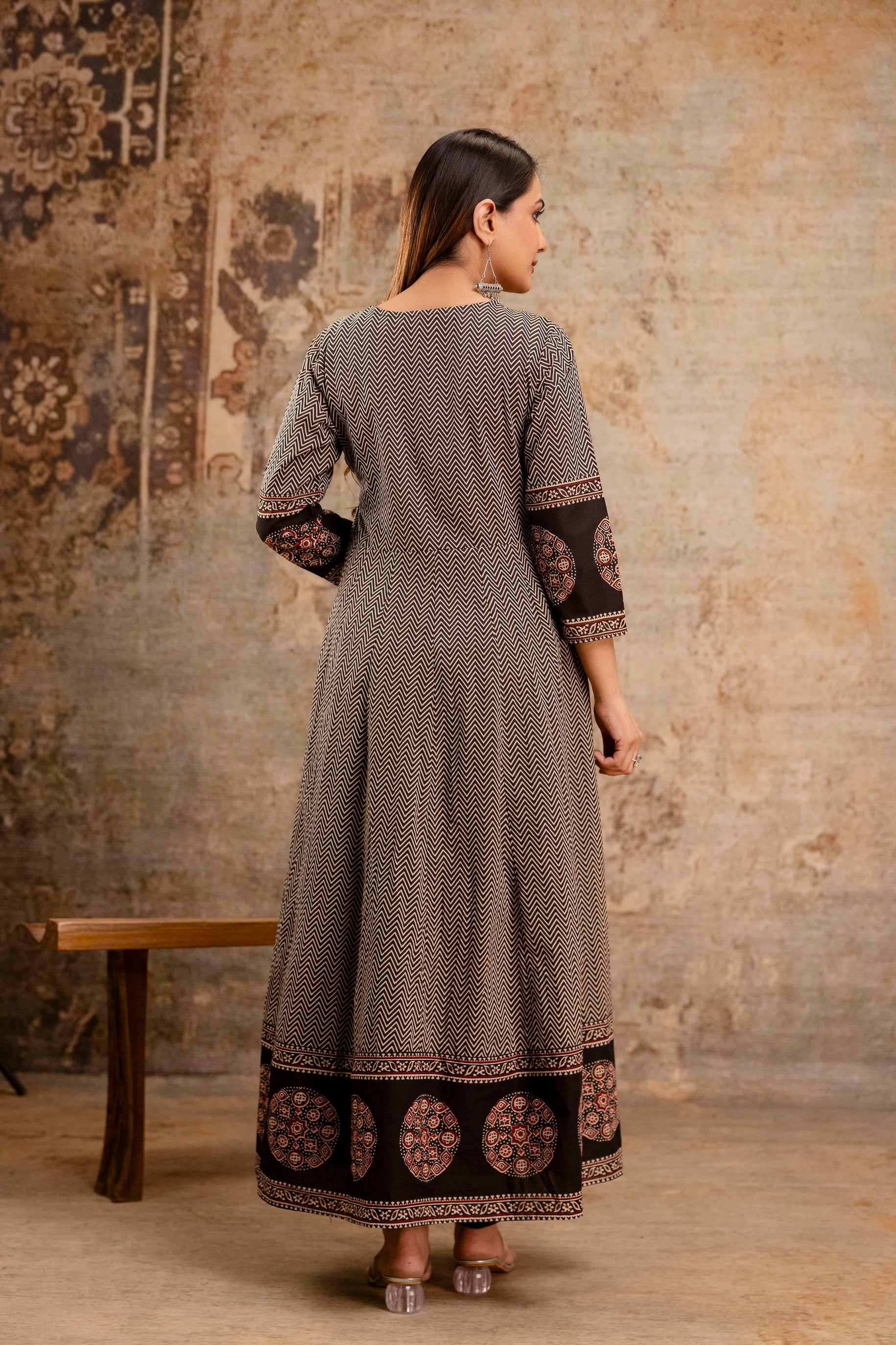Summerish Cotton Ajrakh HandEmbroidered Anarkali Set - The Jaipur Studio