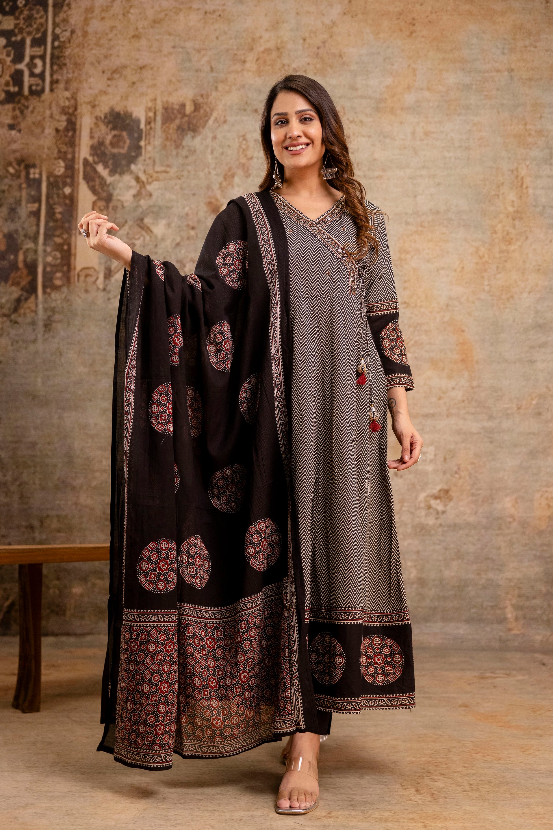 Summerish Cotton Ajrakh HandEmbroidered Anarkali Set - The Jaipur Studio
