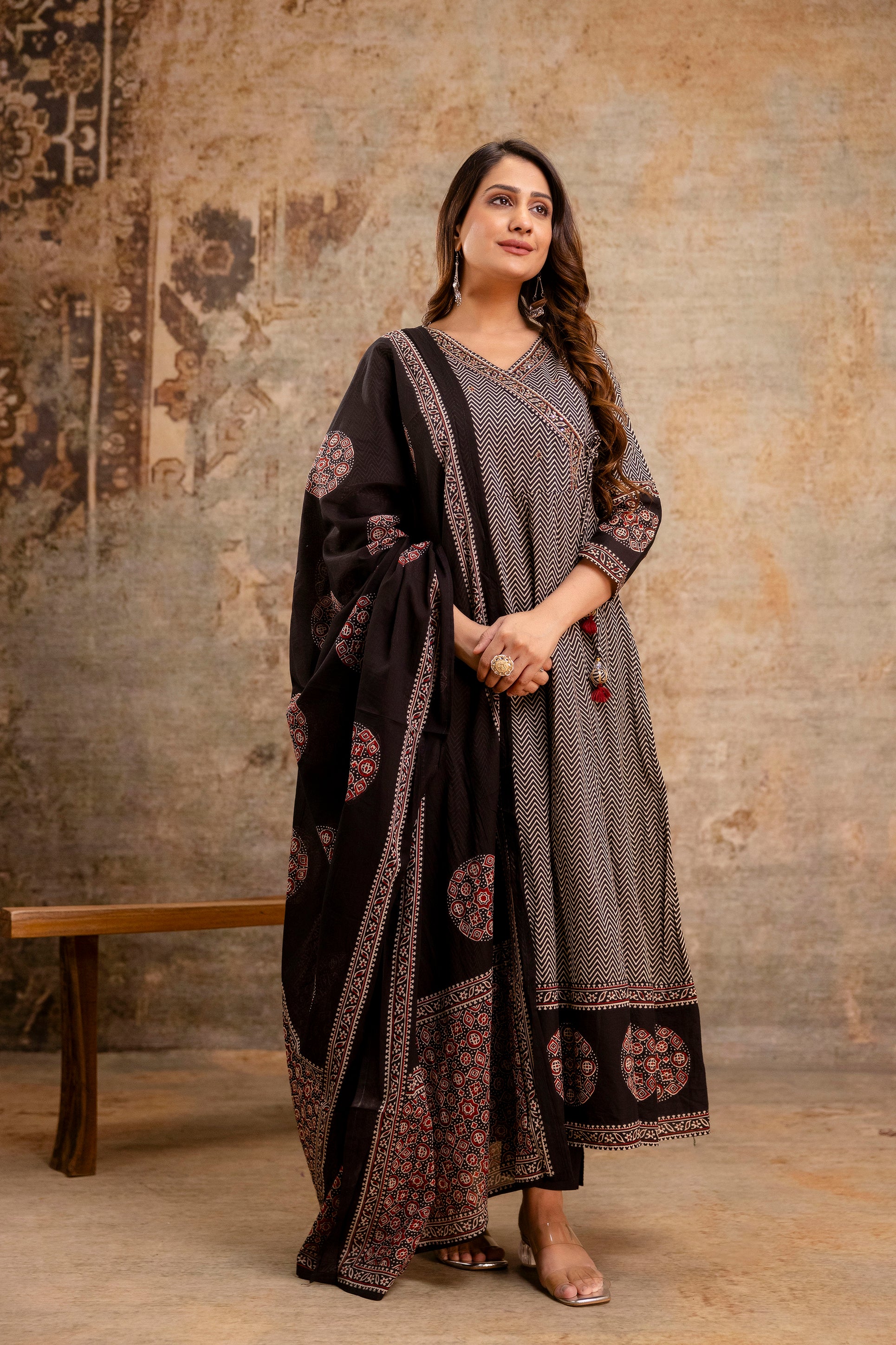 Summerish Cotton Ajrakh HandEmbroidered Anarkali Set - The Jaipur Studio