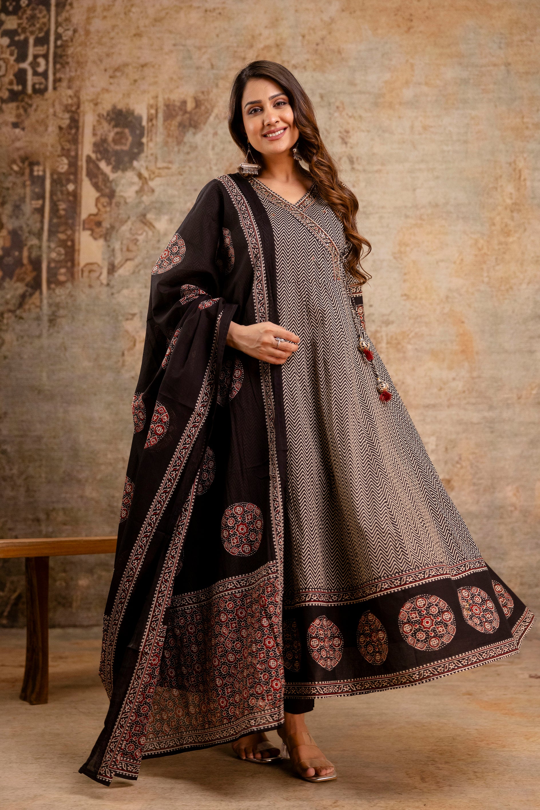 Summerish Cotton Ajrakh HandEmbroidered Anarkali Set - The Jaipur Studio