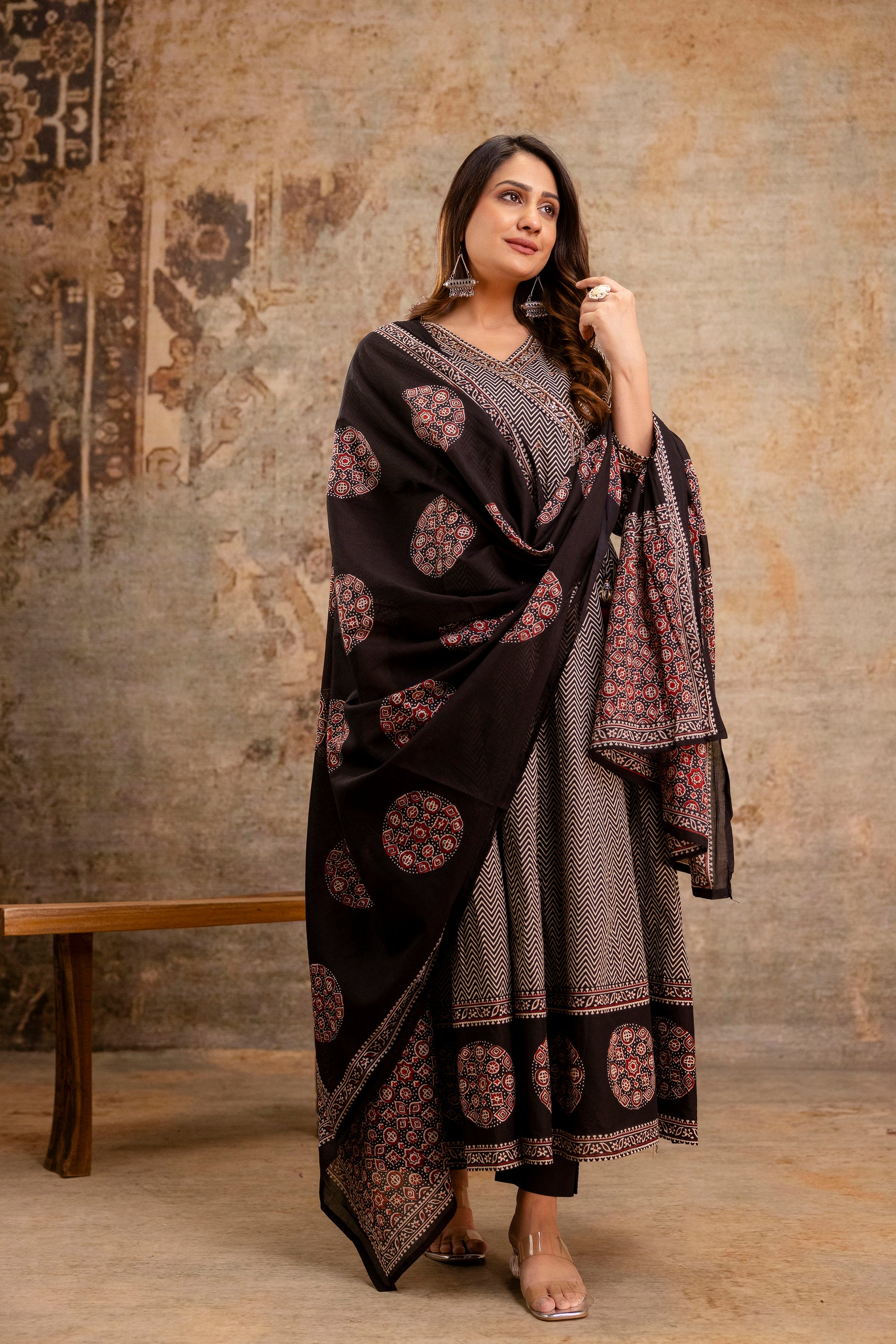 Summerish Cotton Ajrakh HandEmbroidered Anarkali Set - The Jaipur Studio