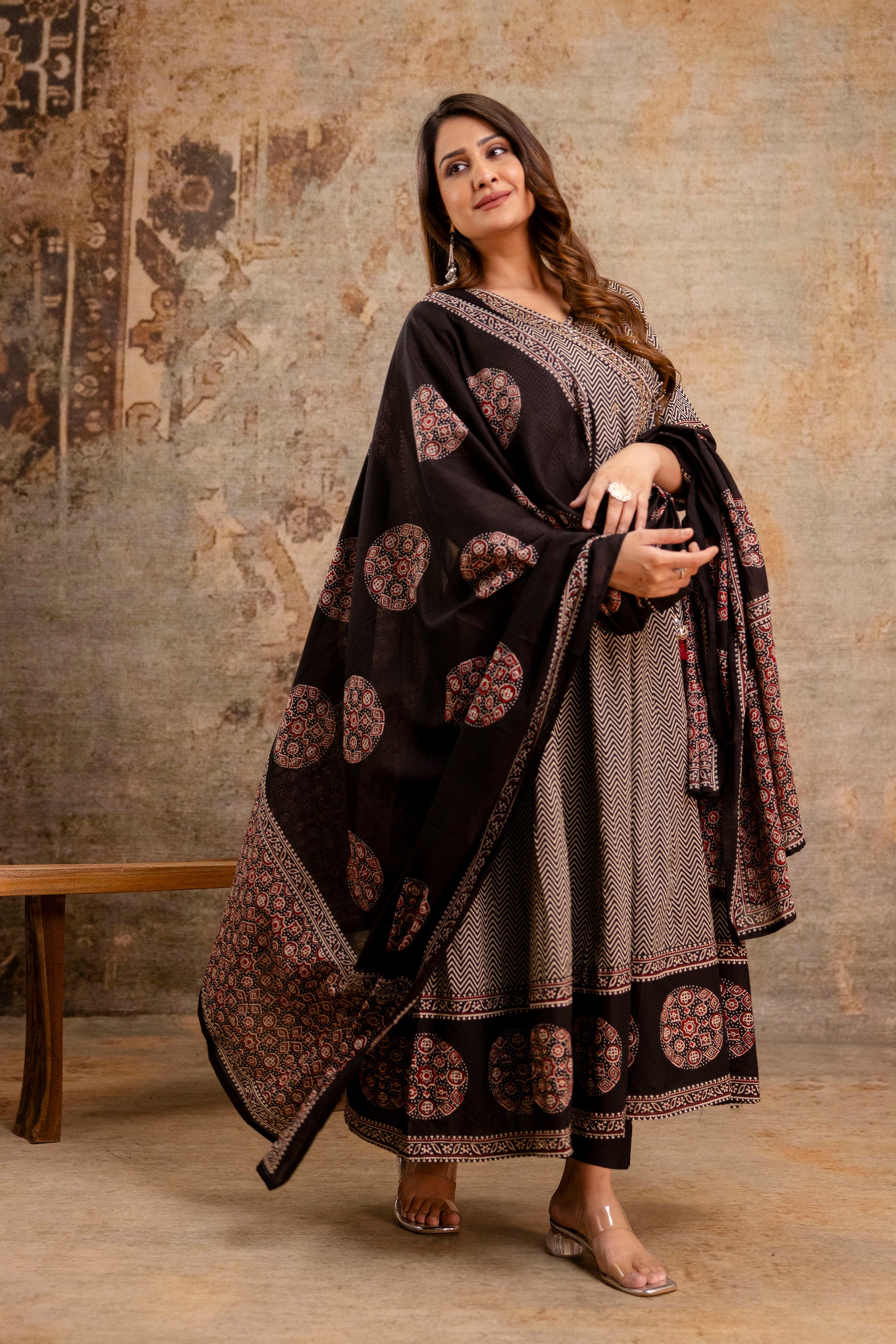 Summerish Cotton Ajrakh HandEmbroidered Anarkali Set - The Jaipur Studio