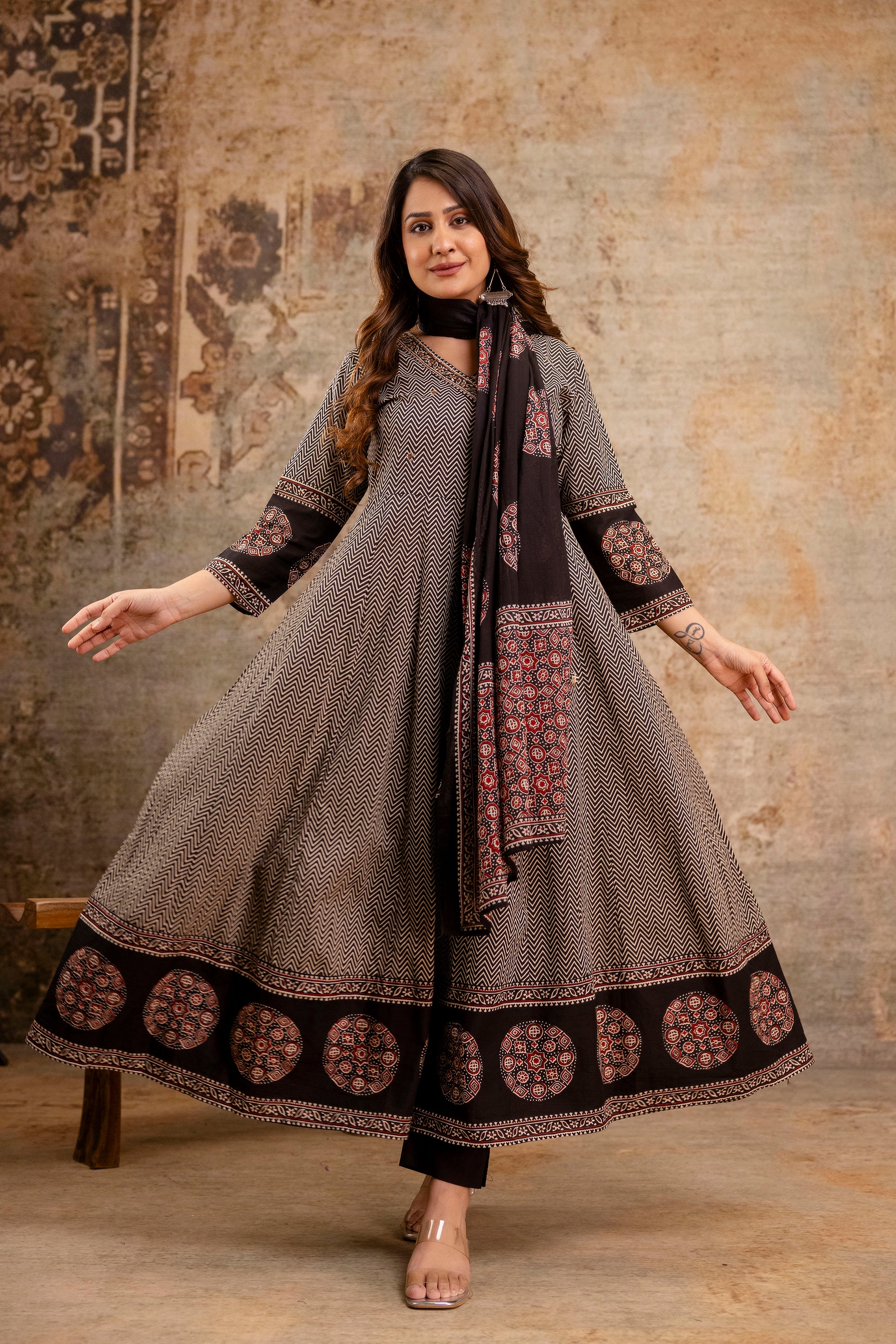 Summerish Cotton Ajrakh HandEmbroidered Anarkali Set - The Jaipur Studio