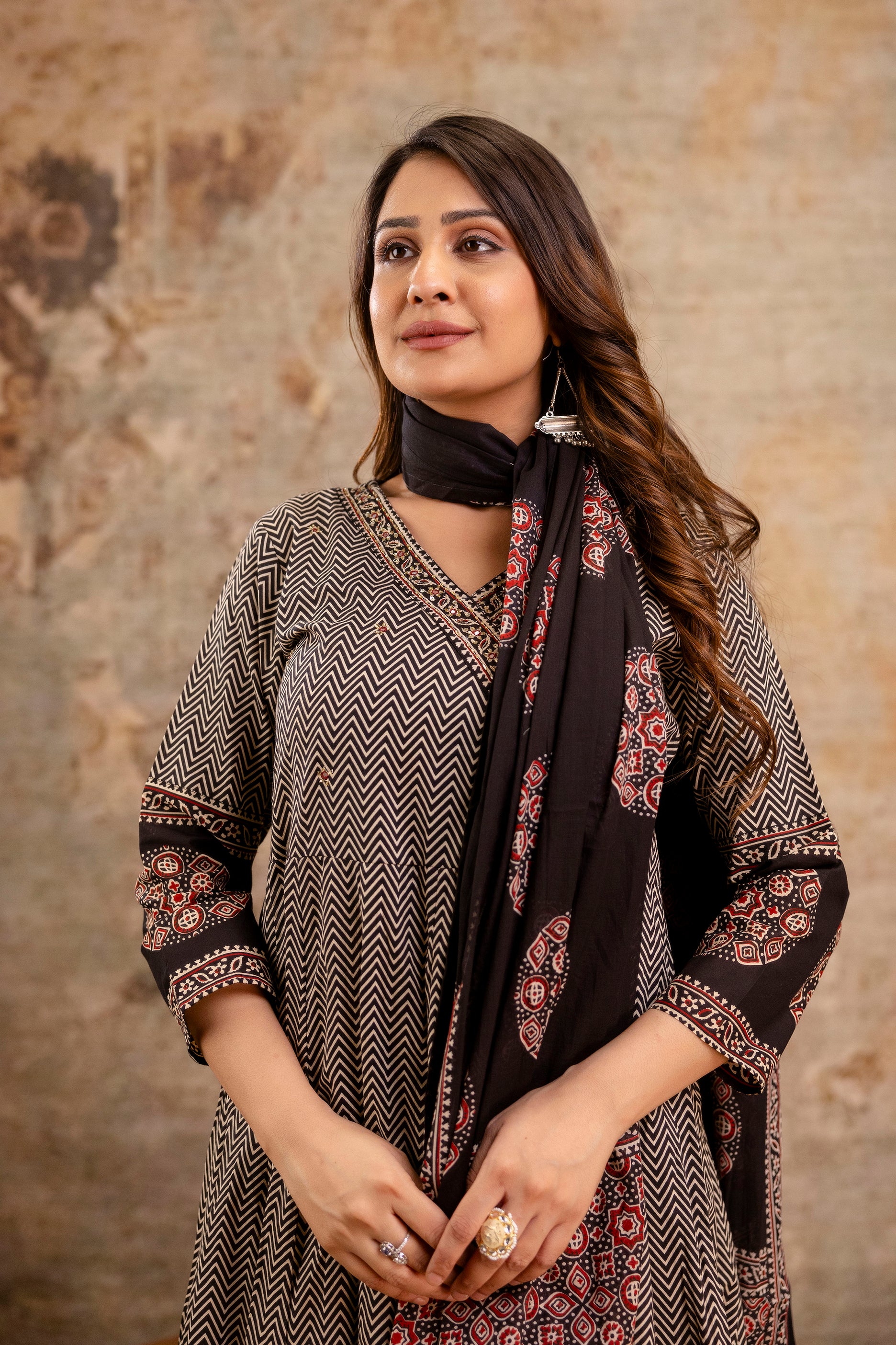 Summerish Cotton Ajrakh HandEmbroidered Anarkali Set - The Jaipur Studio