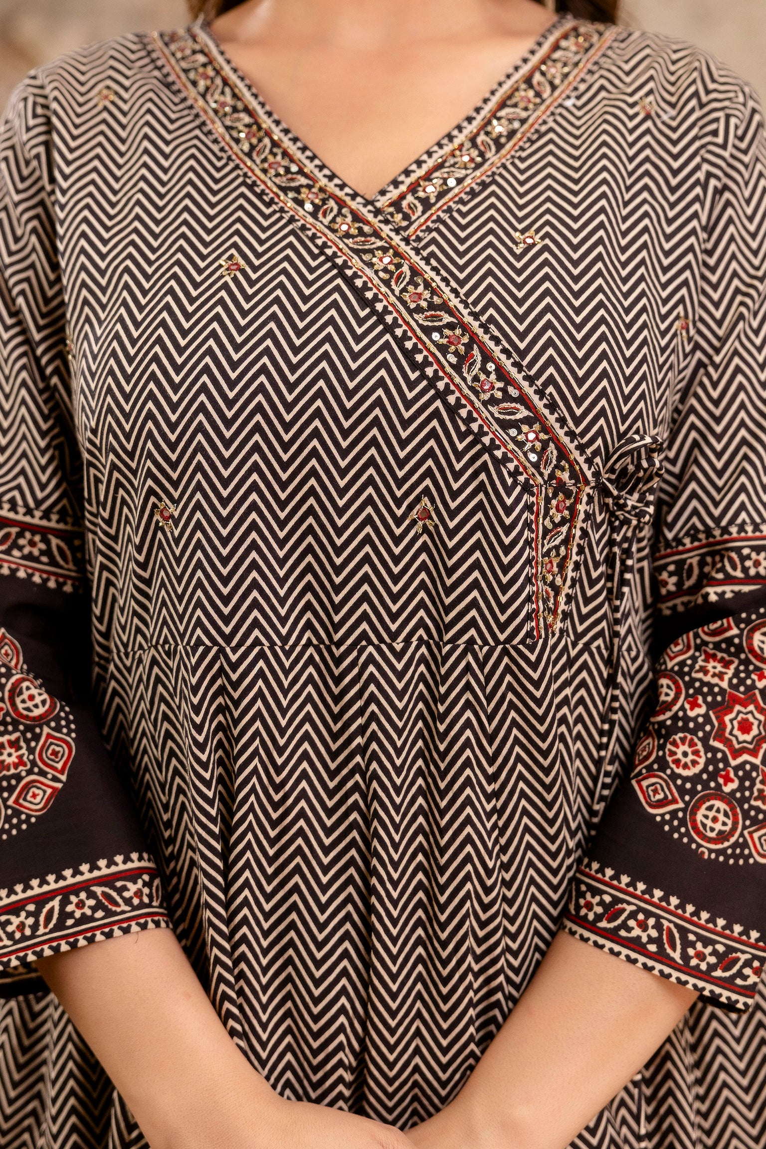 Summerish Cotton Ajrakh HandEmbroidered Anarkali Set - The Jaipur Studio