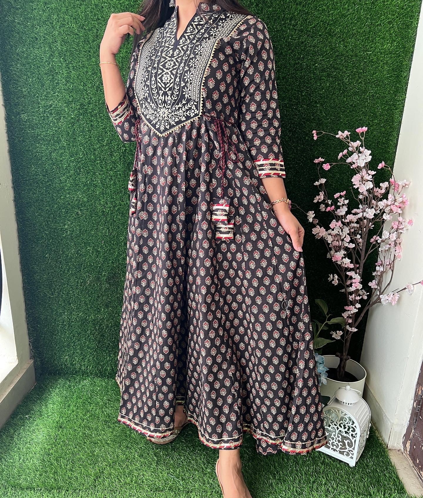 Tradional Ajrakh Cotton Long Dress Black - The Jaipur Studio