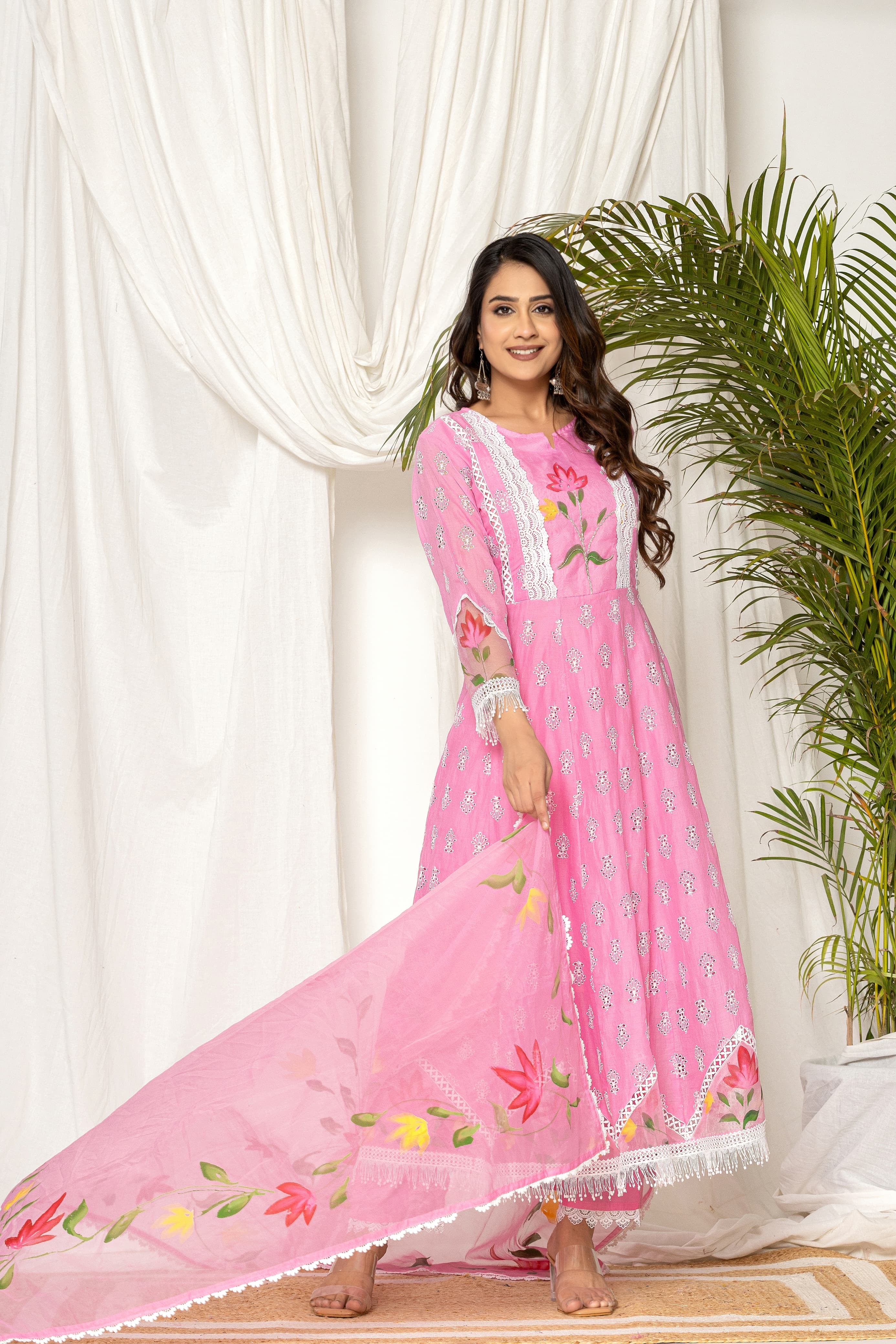 Adya Cotton Schiffli Hand Brush Painted Anarkali Set - The Jaipur Studio