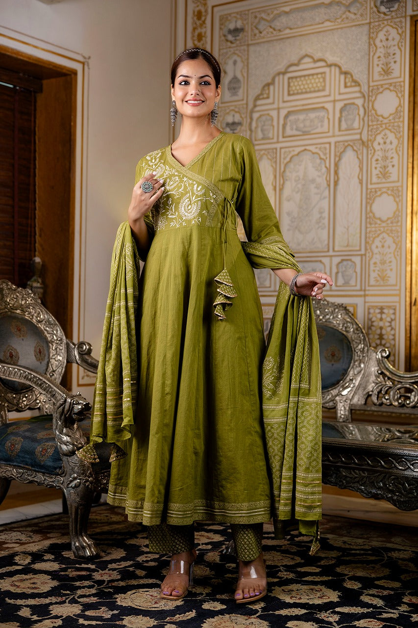 Cotton Angrakha Embroidered Festive Anarkali Set - The Jaipur Studio