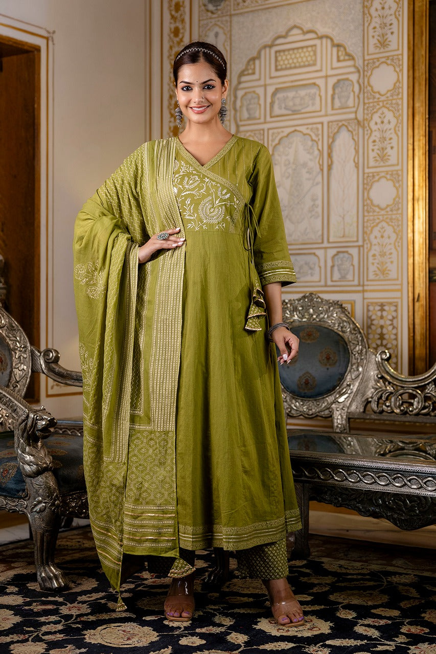 Cotton Angrakha Embroidered Festive Anarkali Set - The Jaipur Studio