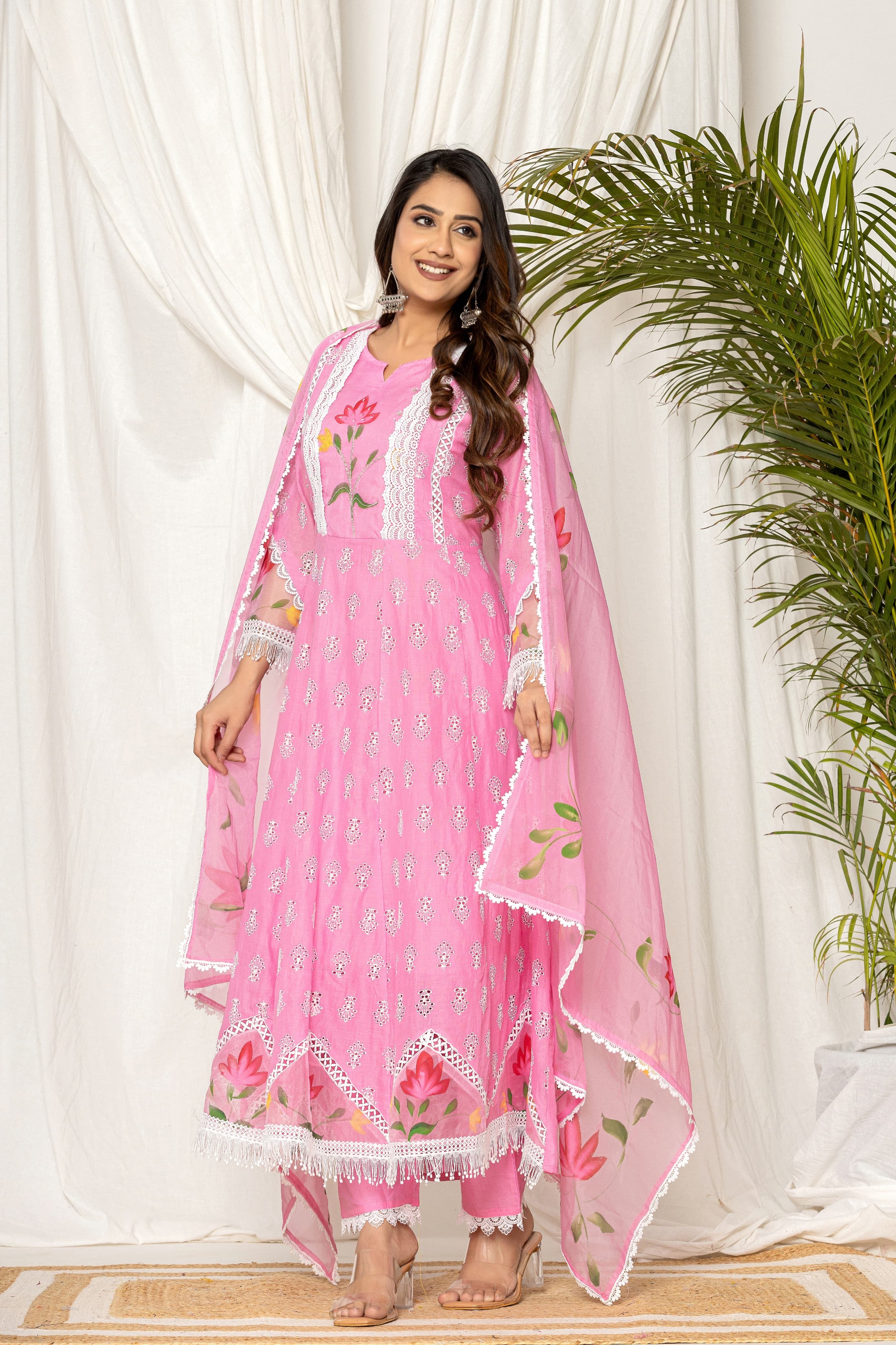 Adya Cotton Schiffli Hand Brush Painted Anarkali Set - The Jaipur Studio