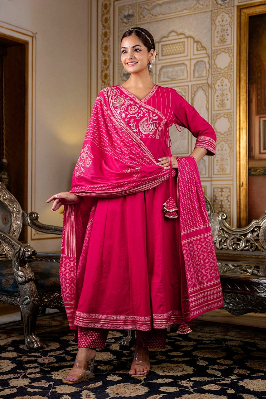 Cotton Angrakha Embroidered Festive Anarkali Set - The Jaipur Studio