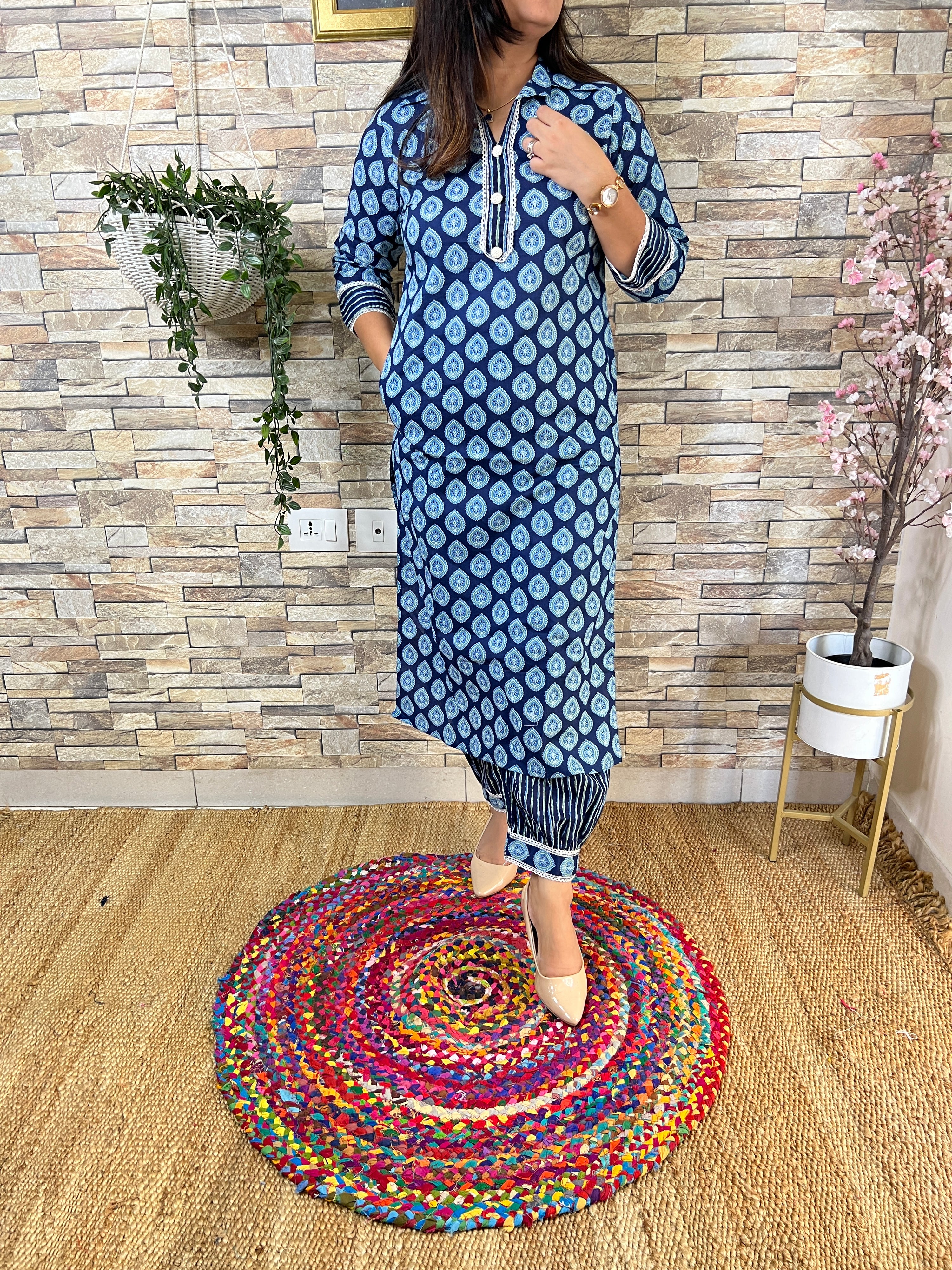 Indigo Cotton Afgani Set With Pockets - The Jaipur Studio